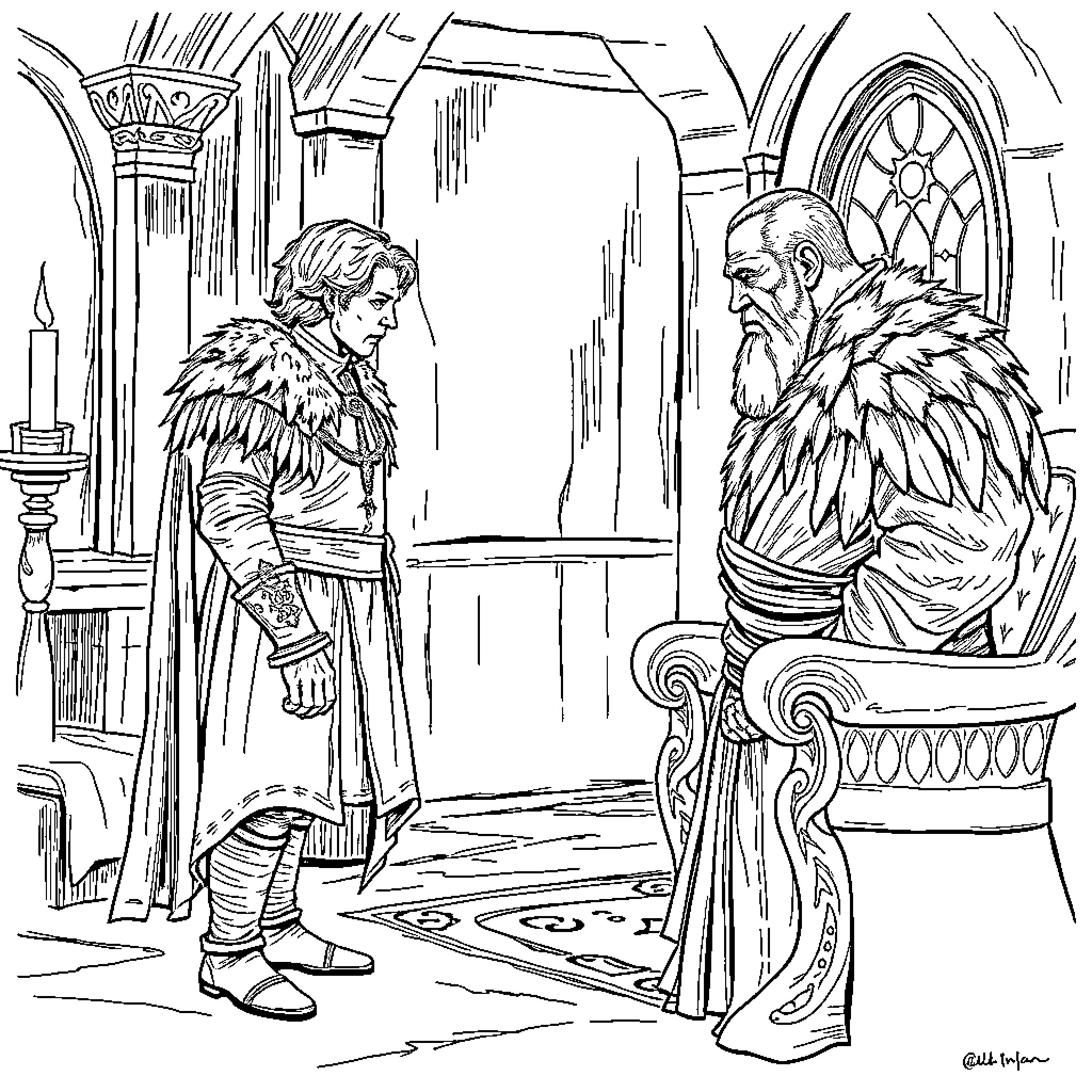 Tyrion Lannister's meeting with a powerful ruler Coloring Page (free black-and-white line drawing printable PDF for all, from beginners to advanced learners, including children, teens, adults, and seniors)