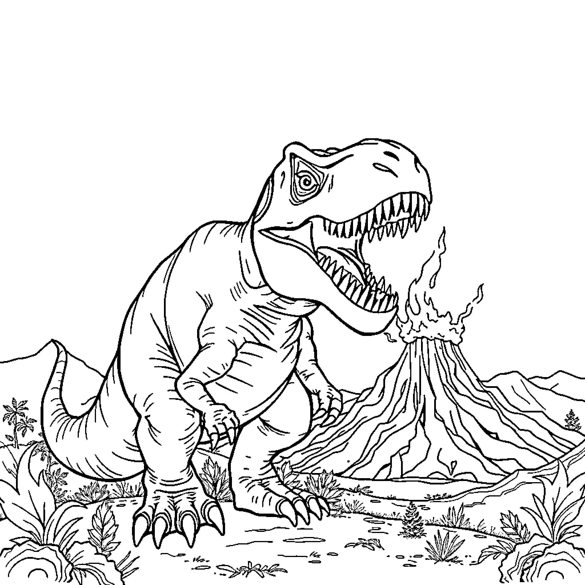 T-Rex Roaring Amidst Volcanic Eruption Coloring Page (free black-and-white line drawing printable PDF for all, from beginners to advanced learners, including children, teens, adults, and seniors)