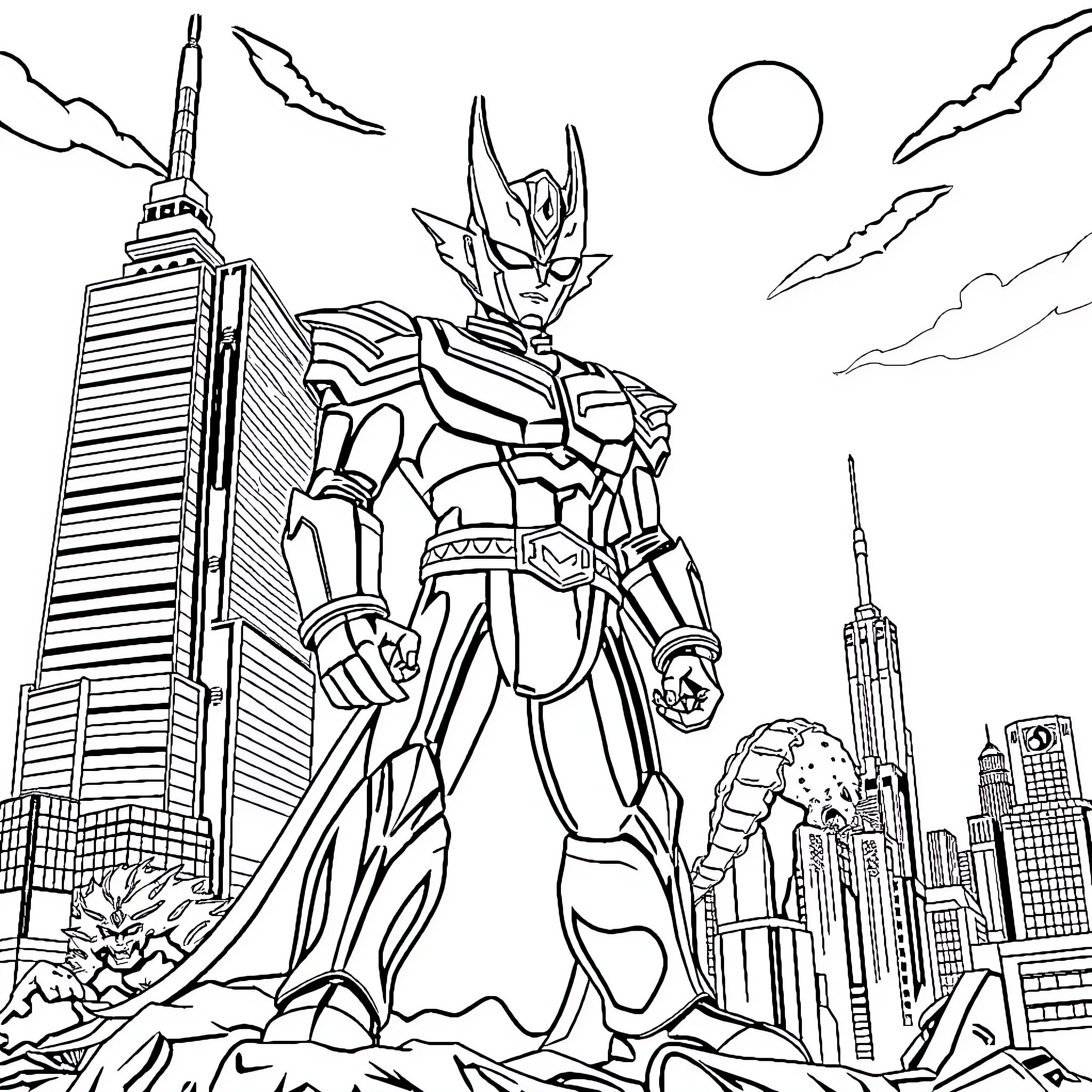 Ultraman Defending the City from Destruction Coloring Page (free black-and-white line drawing printable PDF for all, from beginners to advanced learners, including children, teens, adults, and seniors)