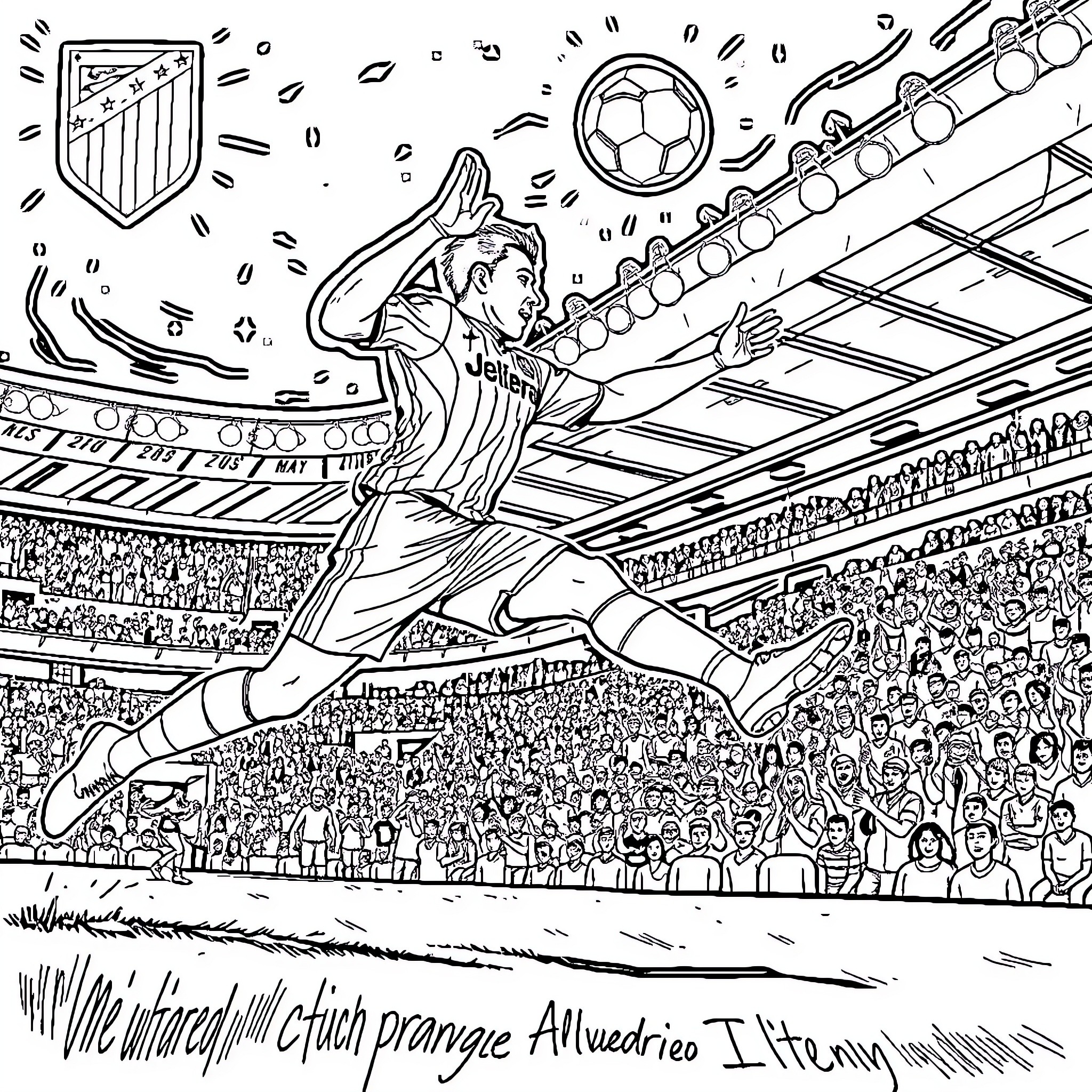 Julian Alvarez celebrating goal in stadium Coloring Page (free black-and-white line drawing printable PDF for all, from beginners to advanced learners, including children, teens, adults, and seniors)