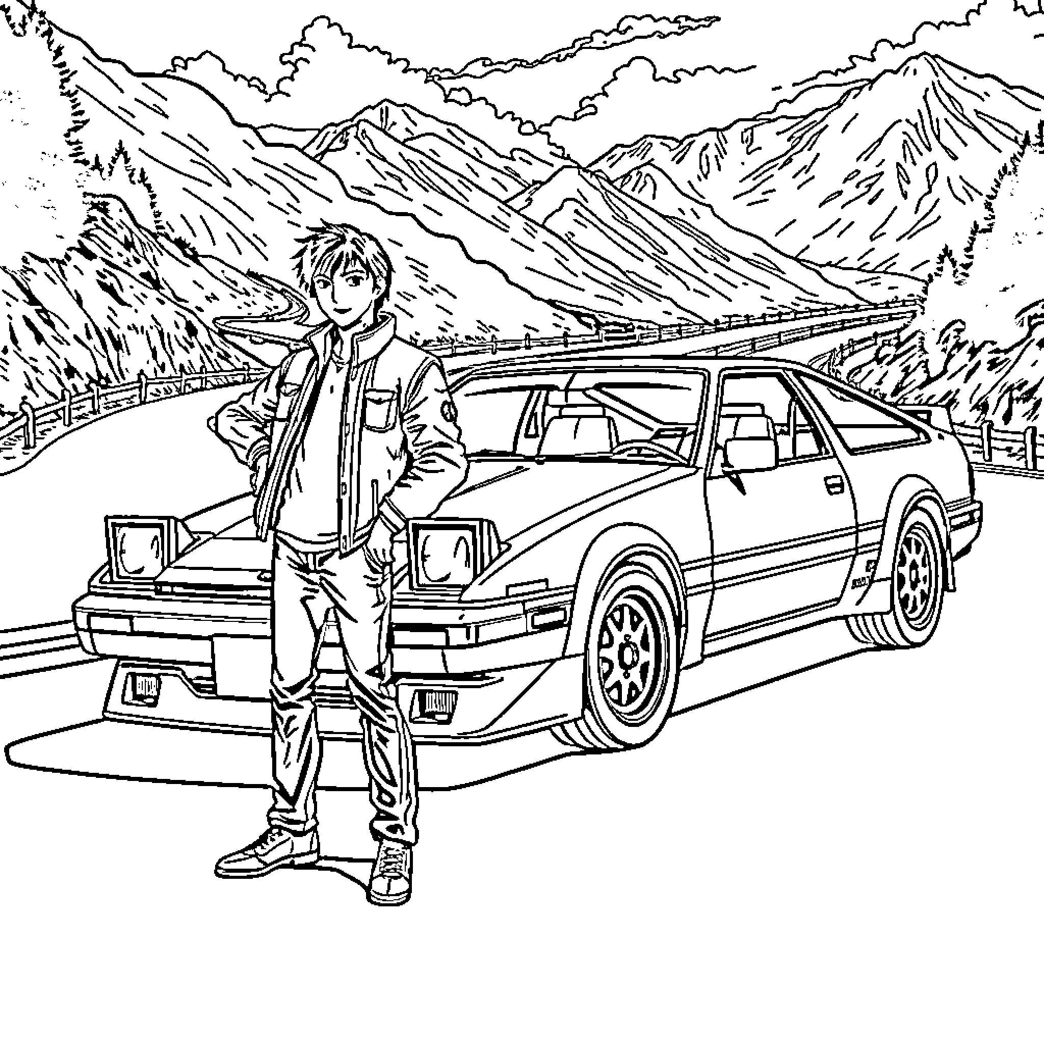 Takumi Fujiwara's Rally Car Adventure in the Mountains Coloring Page (free black-and-white line drawing printable PDF for all, from beginners to advanced learners, including children, teens, adults, and seniors)