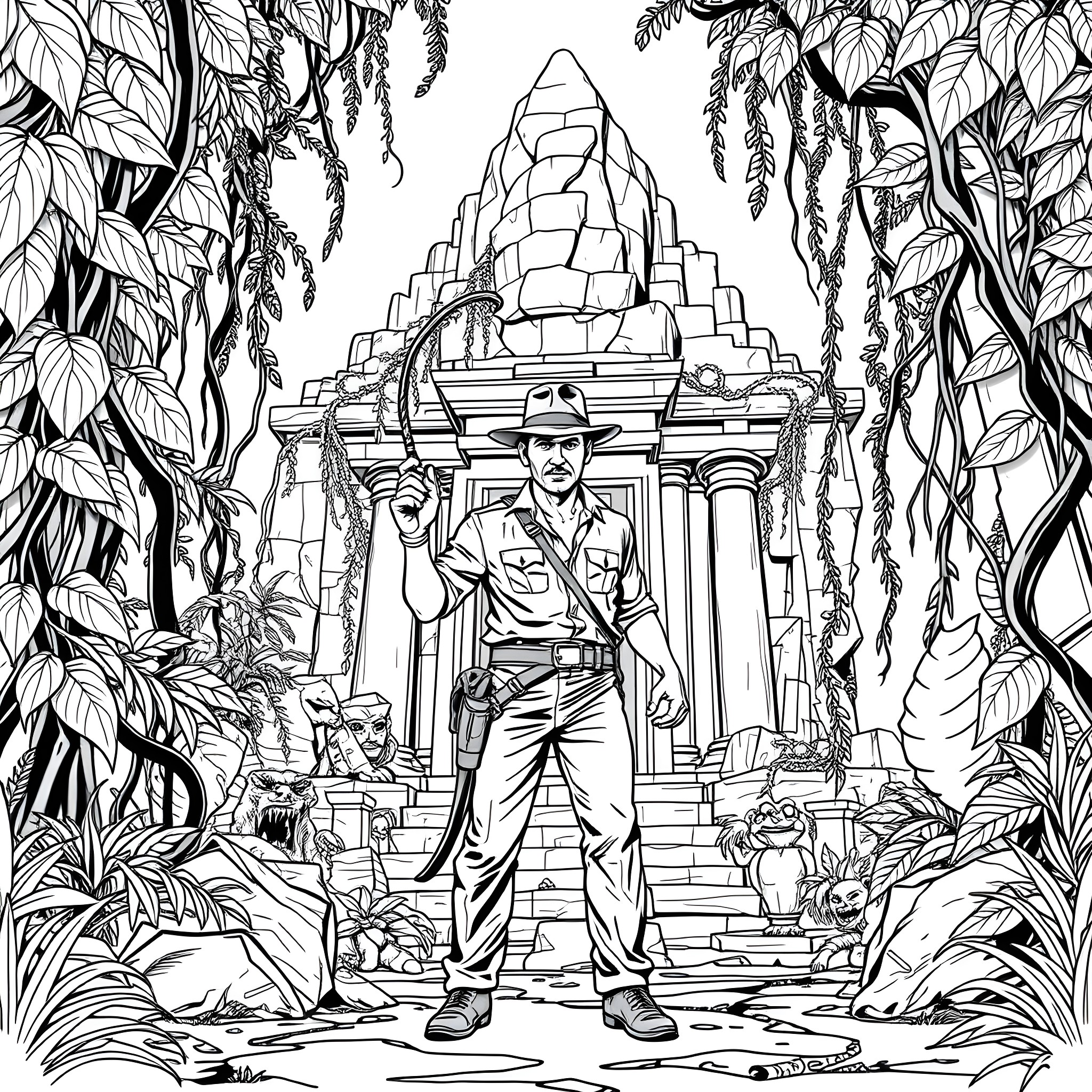 Indiana Jones explores ancient jungle temple Coloring Page (free black-and-white line drawing printable PDF for all, from beginners to advanced learners, including children, teens, adults, and seniors)