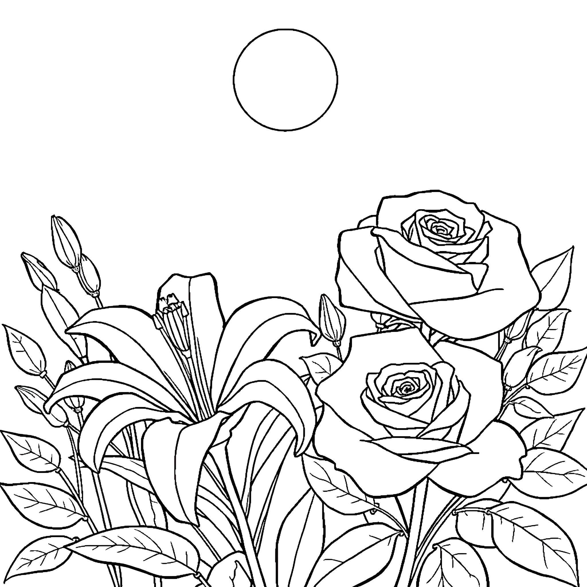 Flower bouquet with roses and lilies Coloring Page (free black-and-white line drawing printable PDF for all, from beginners to advanced learners, including children, teens, adults, and seniors)