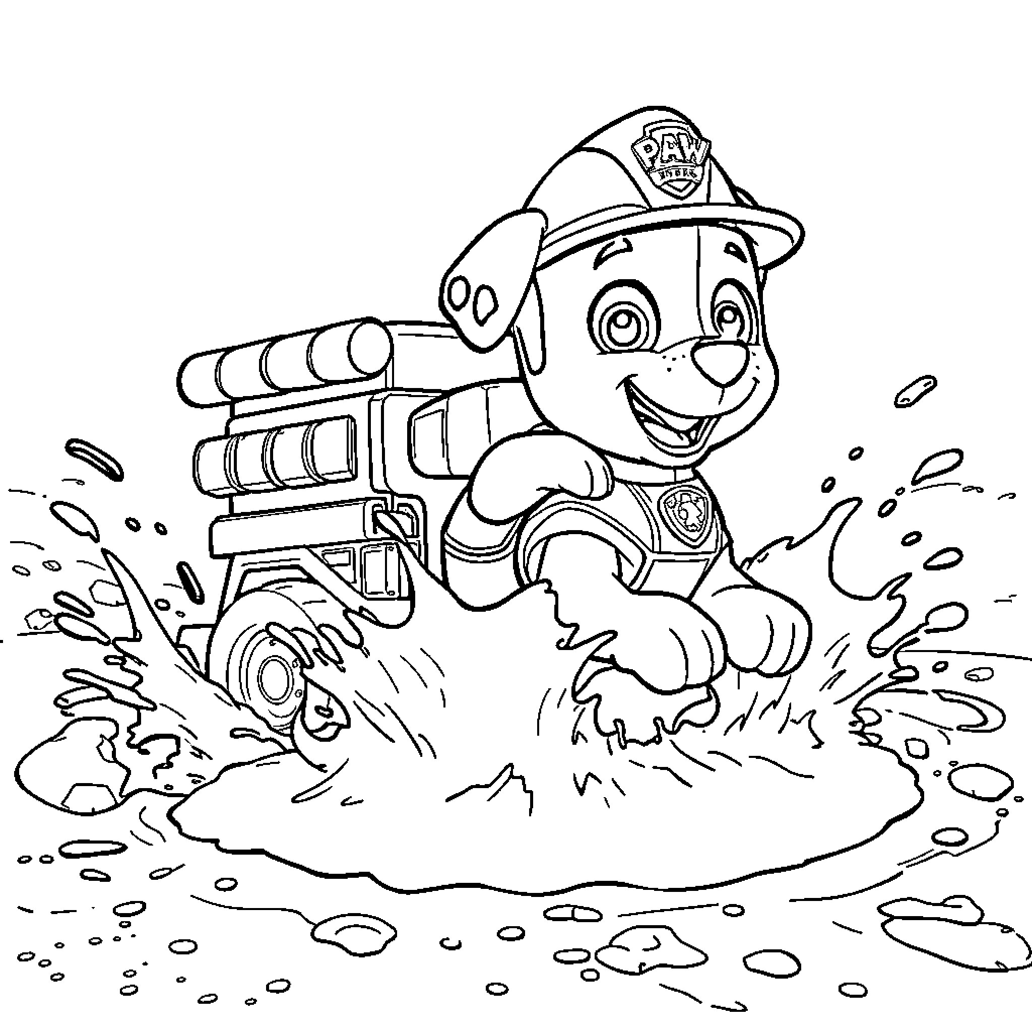 Puppy firefighter driving truck through water Coloring Page (free black-and-white line drawing printable PDF for all, from beginners to advanced learners, including children, teens, adults, and seniors)
