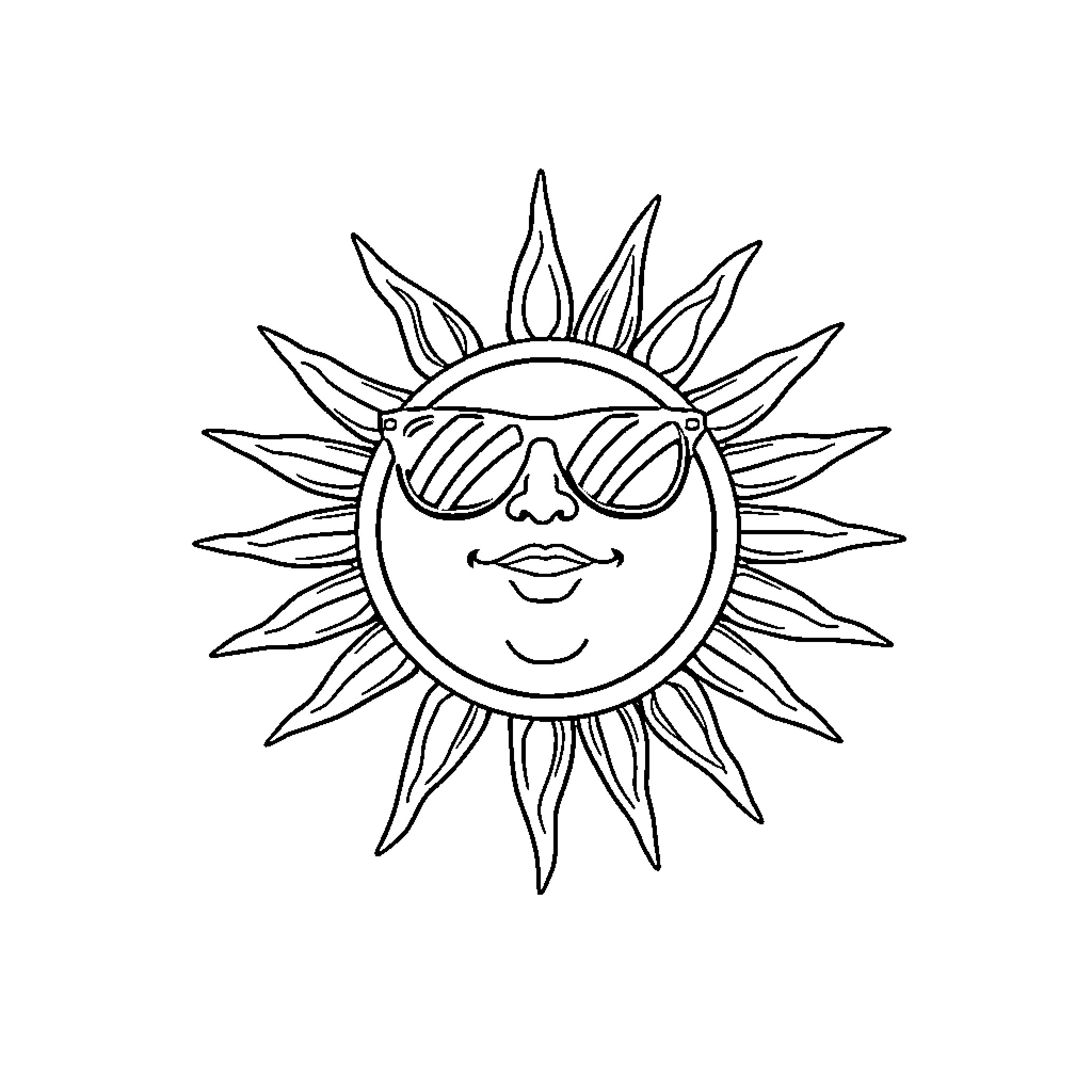 Sun smiling in sunglasses Coloring Page (free black-and-white line drawing printable PDF for all, from beginners to advanced learners, including children, teens, adults, and seniors)