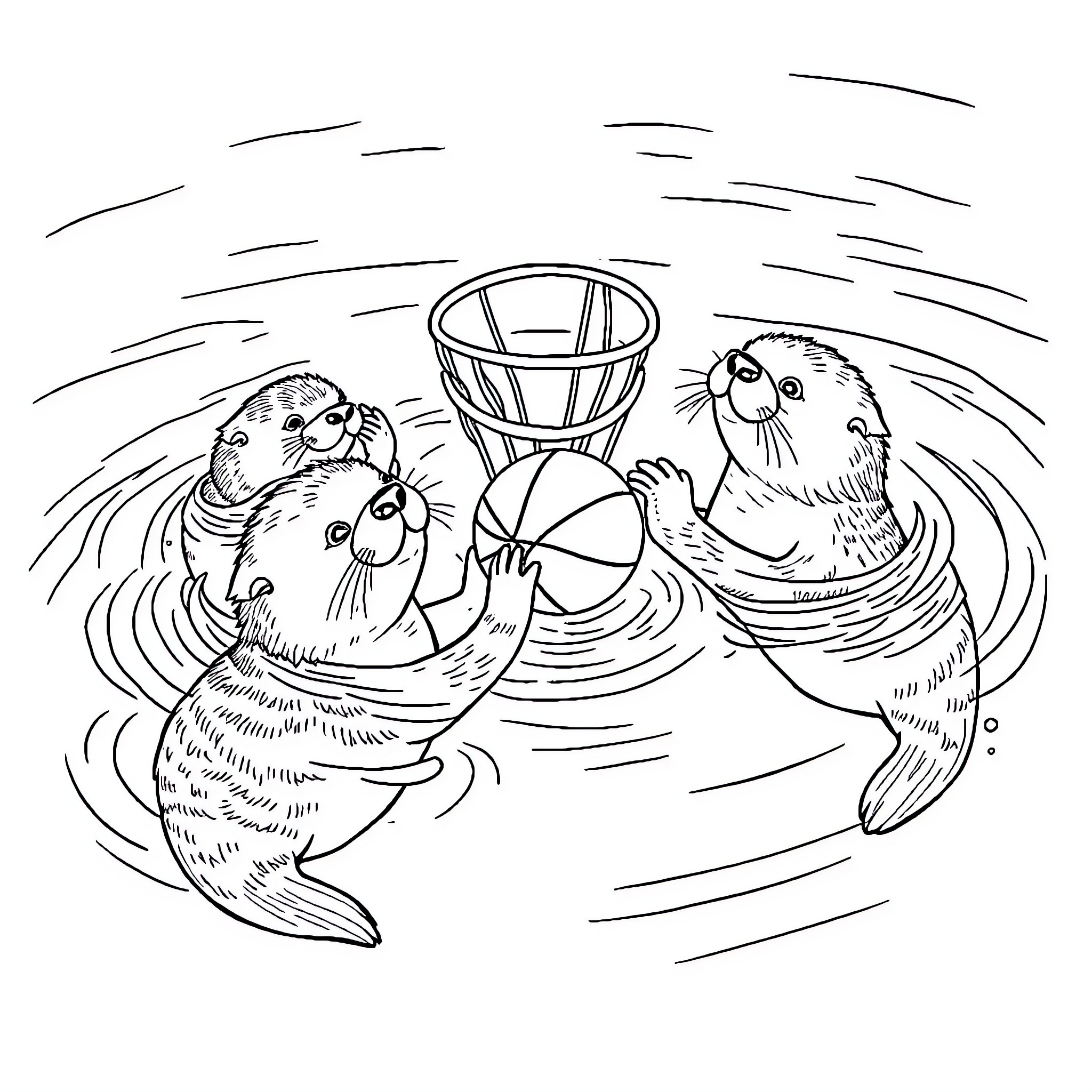 Sea Otters Playfully Interacting in the Water Coloring Page (free black-and-white line drawing printable PDF for all, from beginners to advanced learners, including children, teens, adults, and seniors)