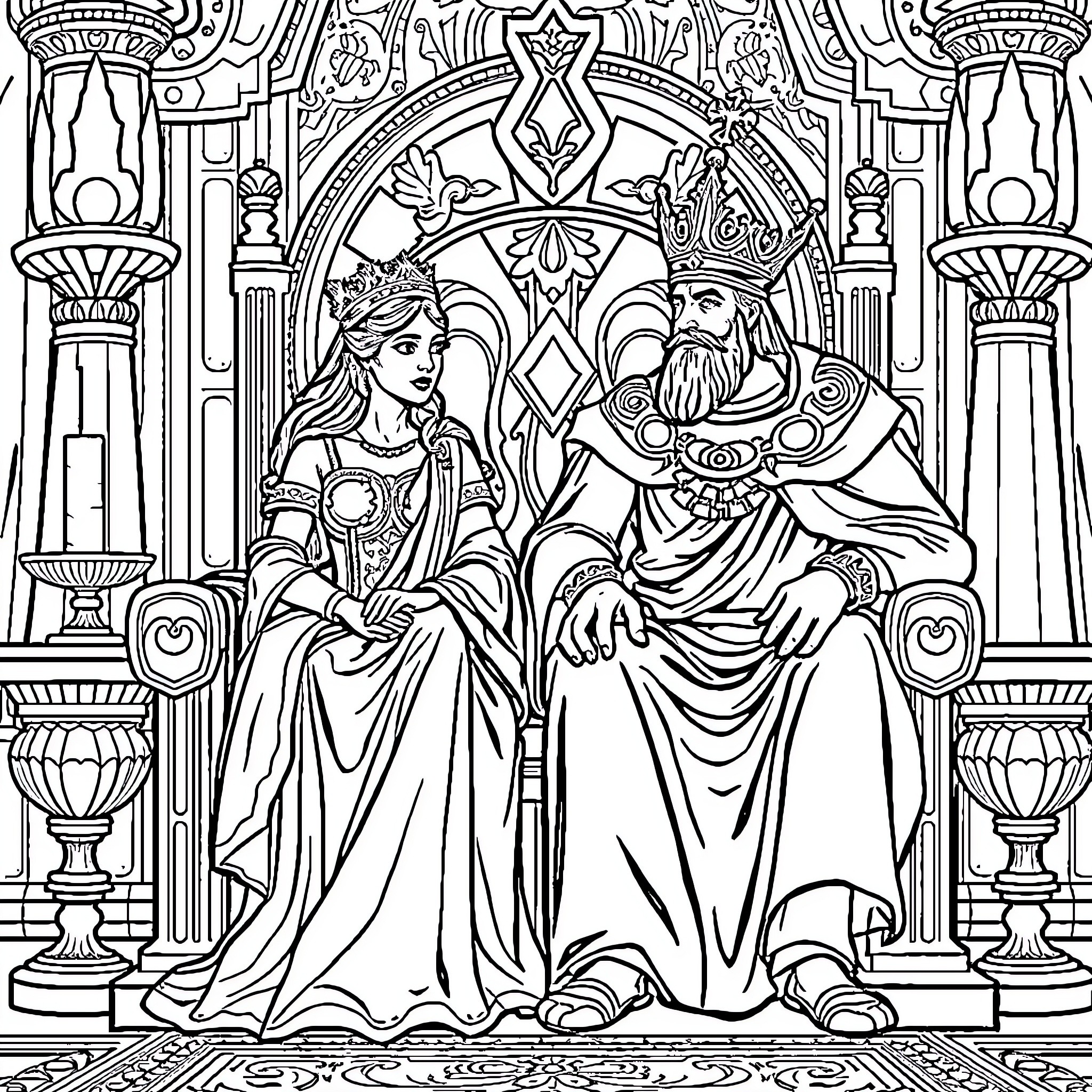 Queen's Regal Audience with Her Wise Advisor Coloring Page (free black-and-white line drawing printable PDF for all, from beginners to advanced learners, including children, teens, adults, and seniors)