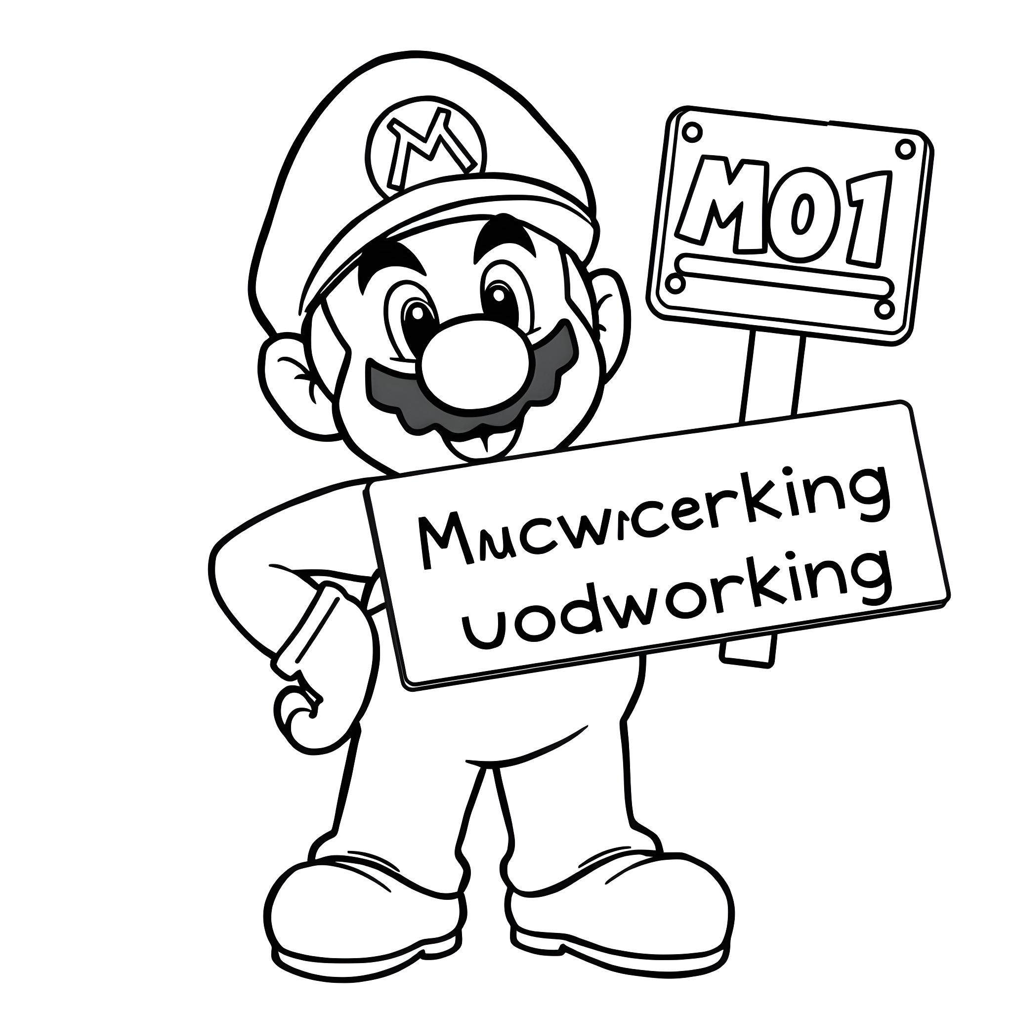 Mario holding a sign for 'Mncwierking vodwork' Coloring Page (free black-and-white line drawing printable PDF for all, from beginners to advanced learners, including children, teens, adults, and seniors)