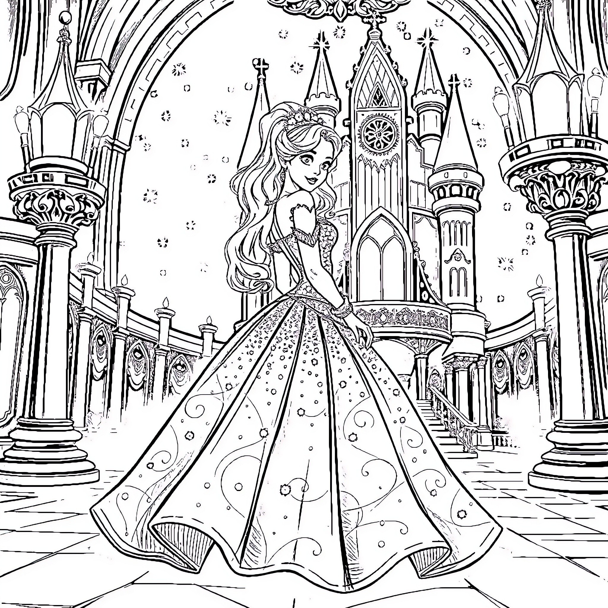 Cinderella in a Majestic Castle Scene Coloring Page (free black-and-white line drawing printable PDF for all, from beginners to advanced learners, including children, teens, adults, and seniors)