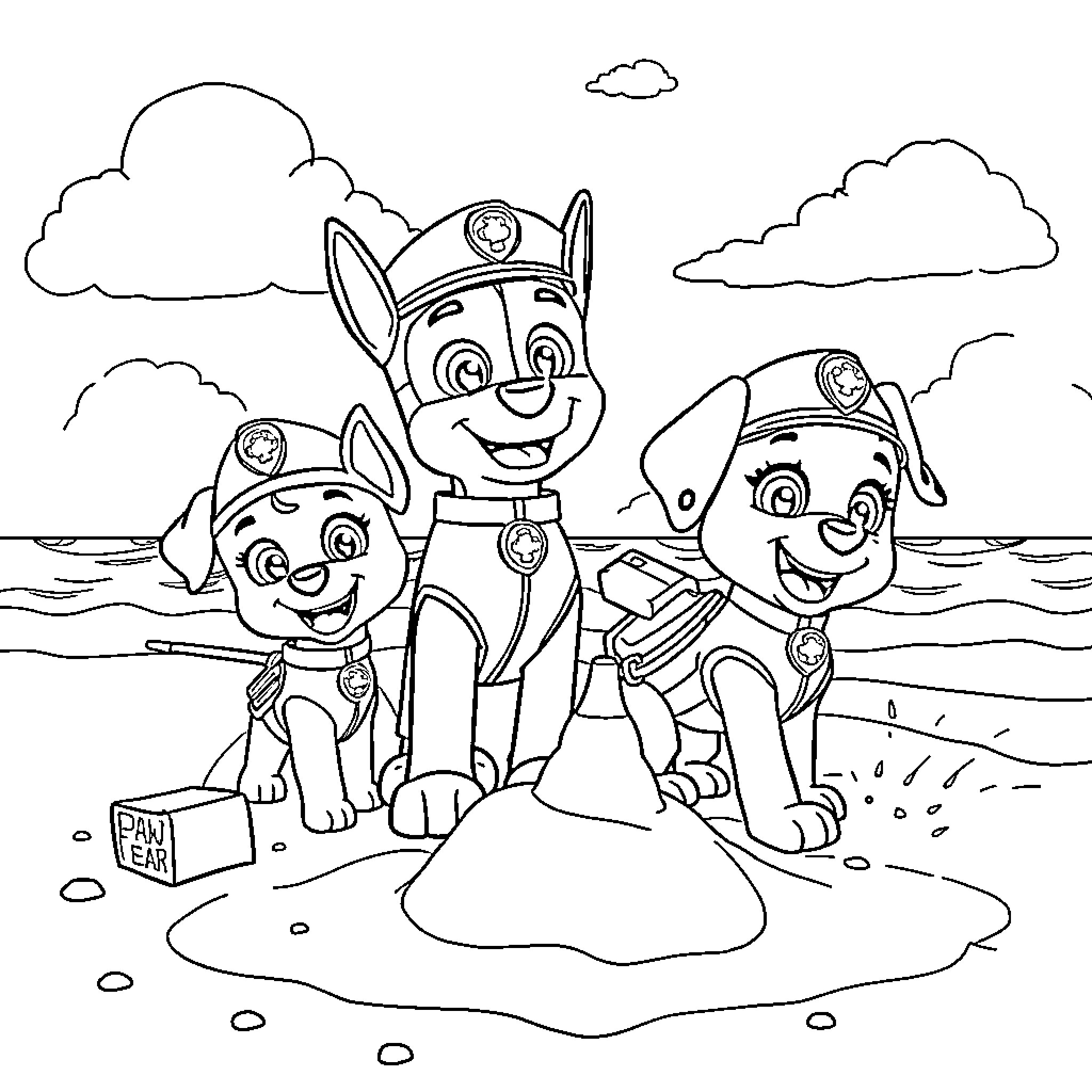 Paw Patrol pups on a beachside adventure Coloring Page (free black-and-white line drawing printable PDF for all, from beginners to advanced learners, including children, teens, adults, and seniors)