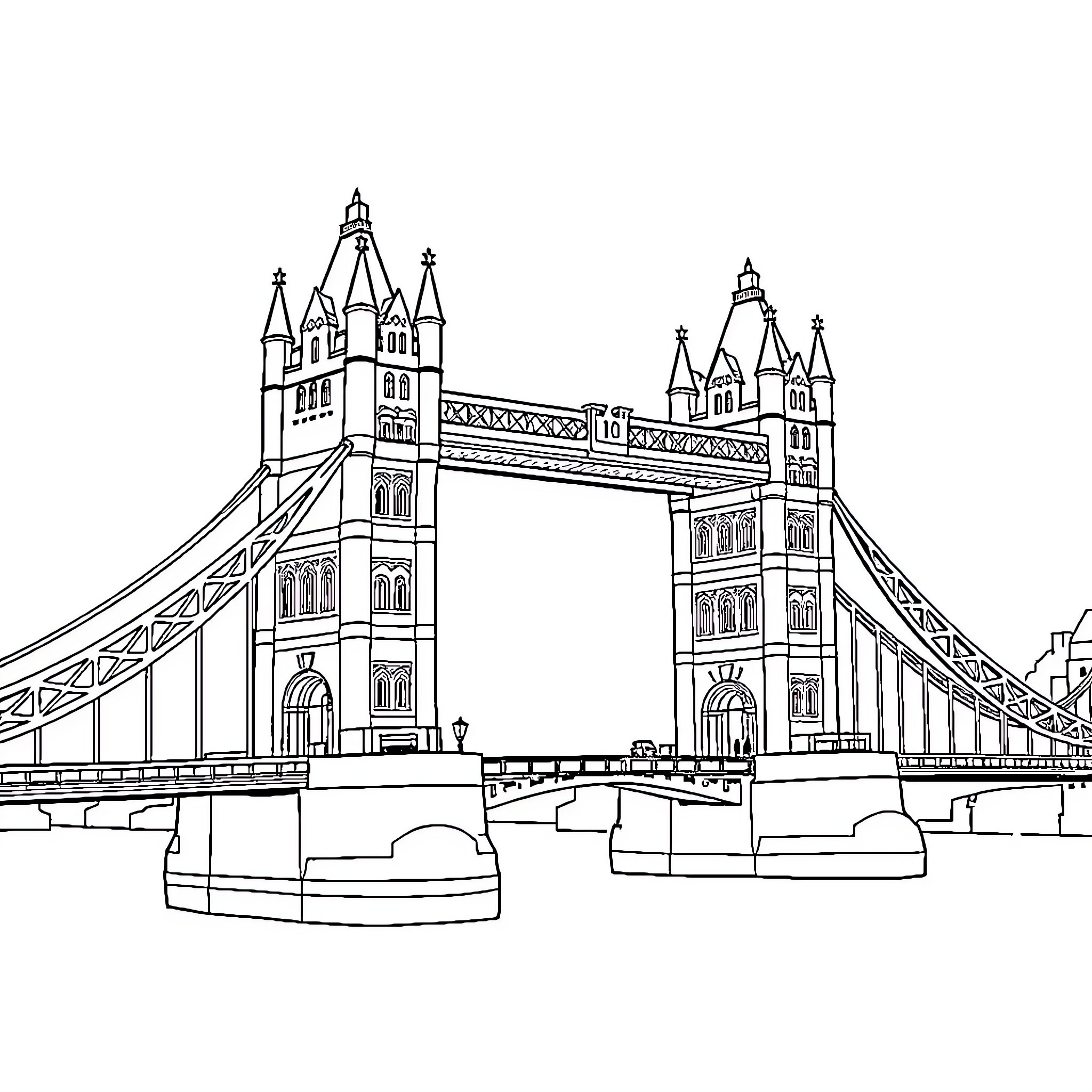 Tower Bridge with architectural details Coloring Page (free black-and-white line drawing printable PDF for all, from beginners to advanced learners, including children, teens, adults, and seniors)