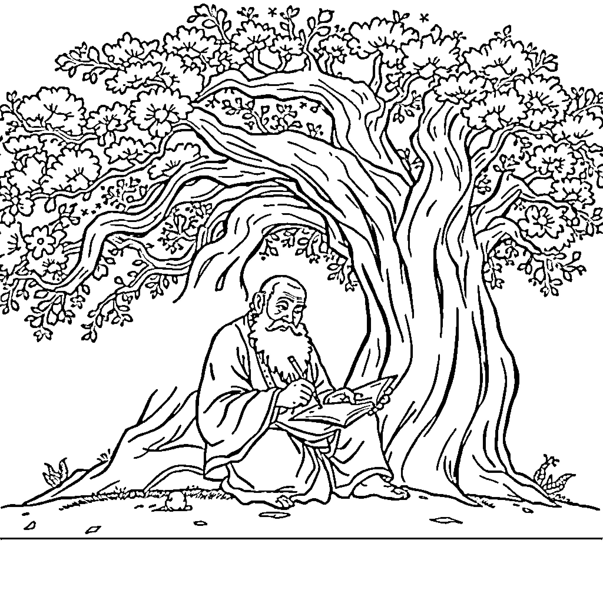 Rumi contemplating under a gnarled tree Coloring Page (free black-and-white line drawing printable PDF for all, from beginners to advanced learners, including children, teens, adults, and seniors)