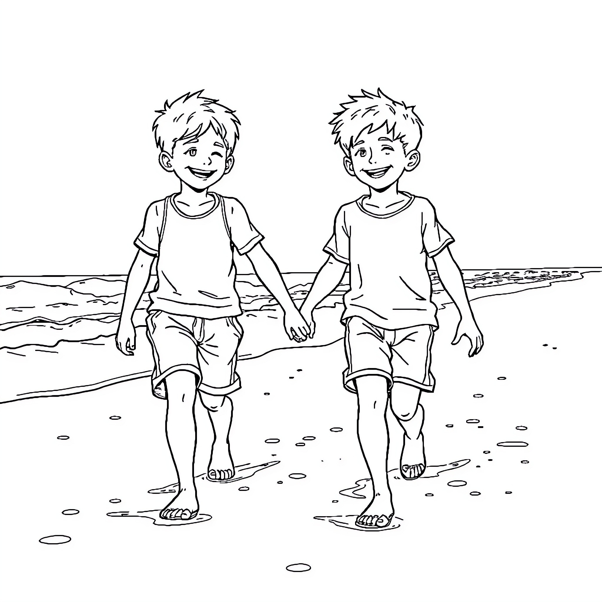 Boys playing joyfully on the beach Coloring Page (free black-and-white line drawing printable PDF for all, from beginners to advanced learners, including children, teens, adults, and seniors)