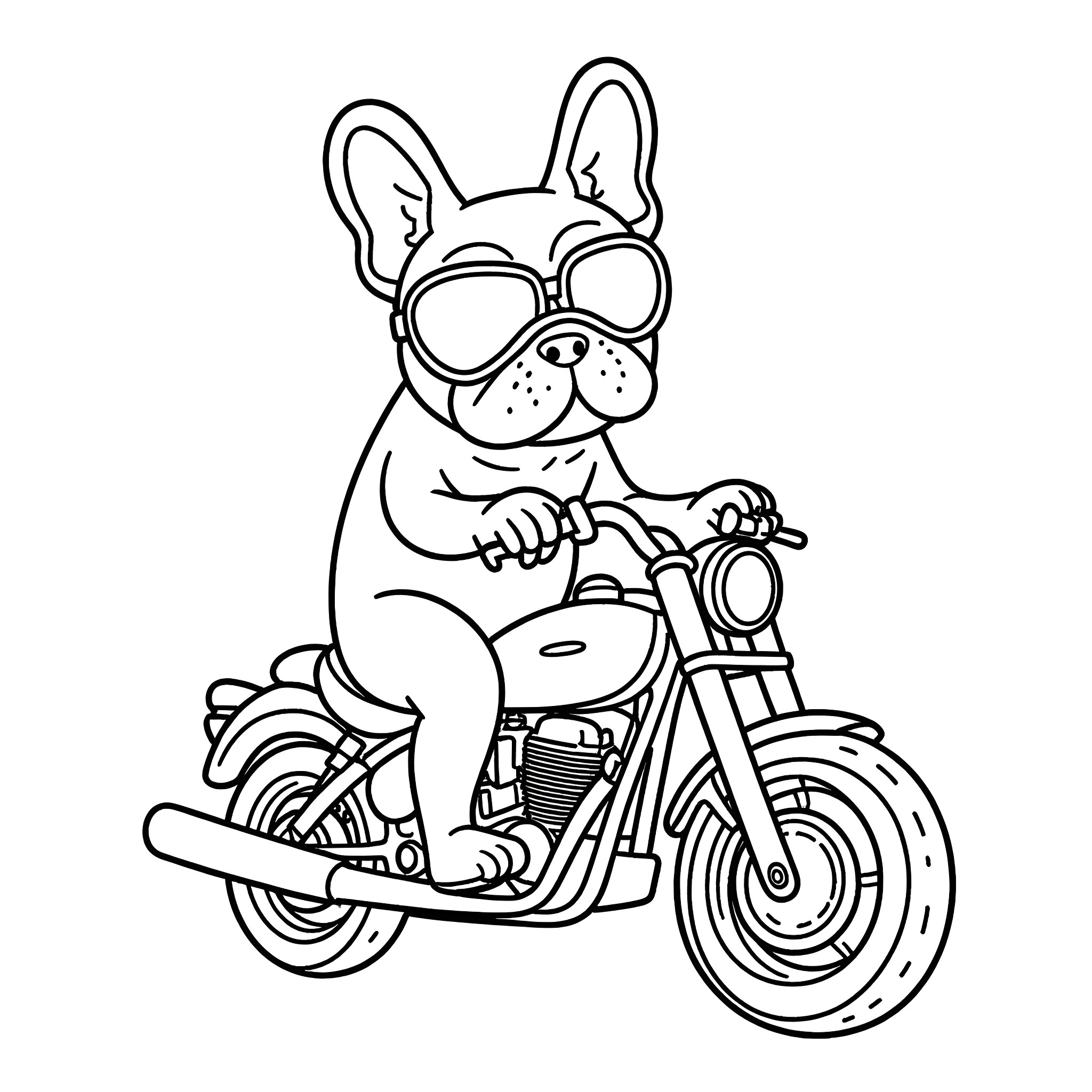 French Bulldog riding a motorcycle with sunglasses Coloring Page (free black-and-white line drawing printable PDF for all, from beginners to advanced learners, including children, teens, adults, and seniors)