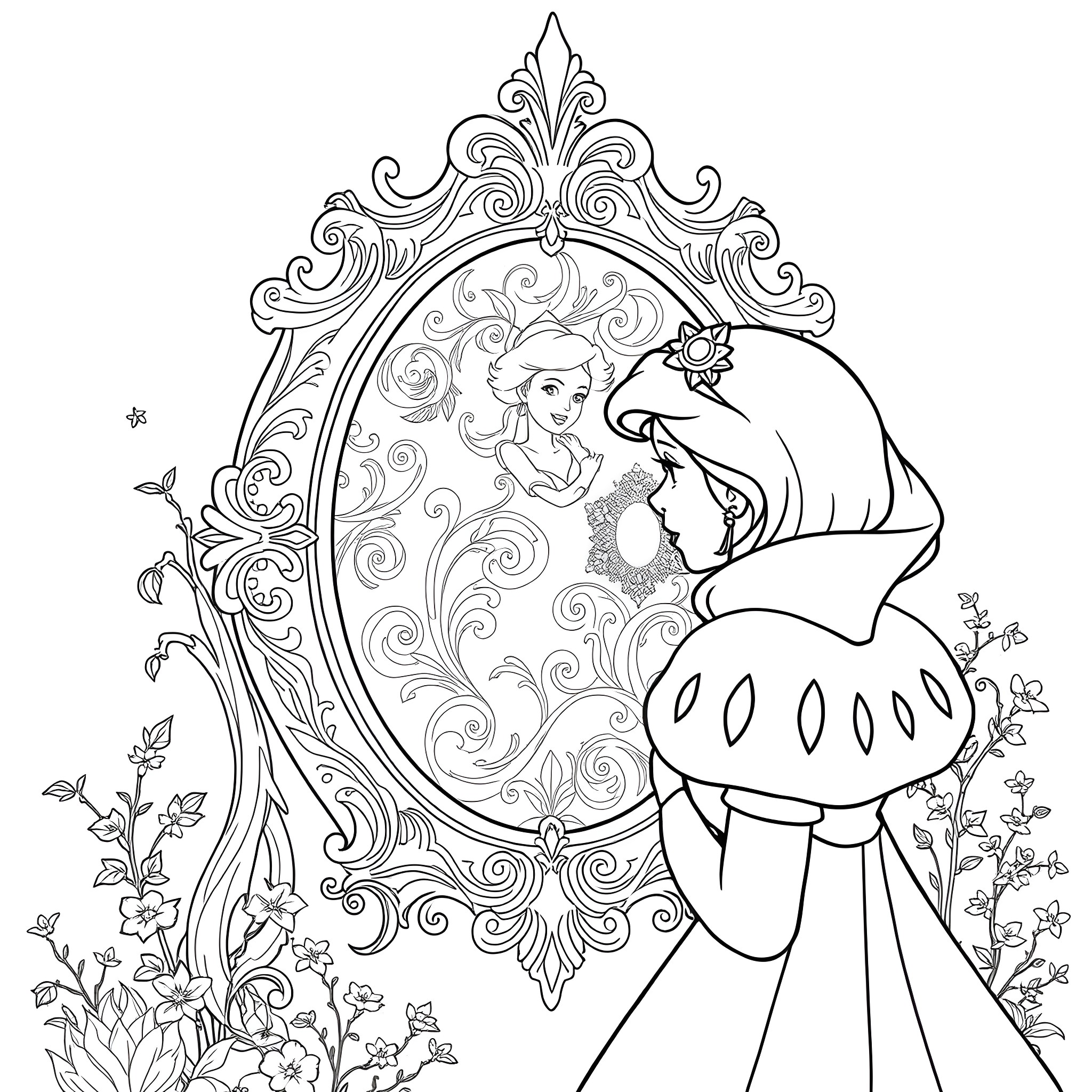 Snow White admiring her reflection in a mirror Coloring Page (free black-and-white line drawing printable PDF for all, from beginners to advanced learners, including children, teens, adults, and seniors)