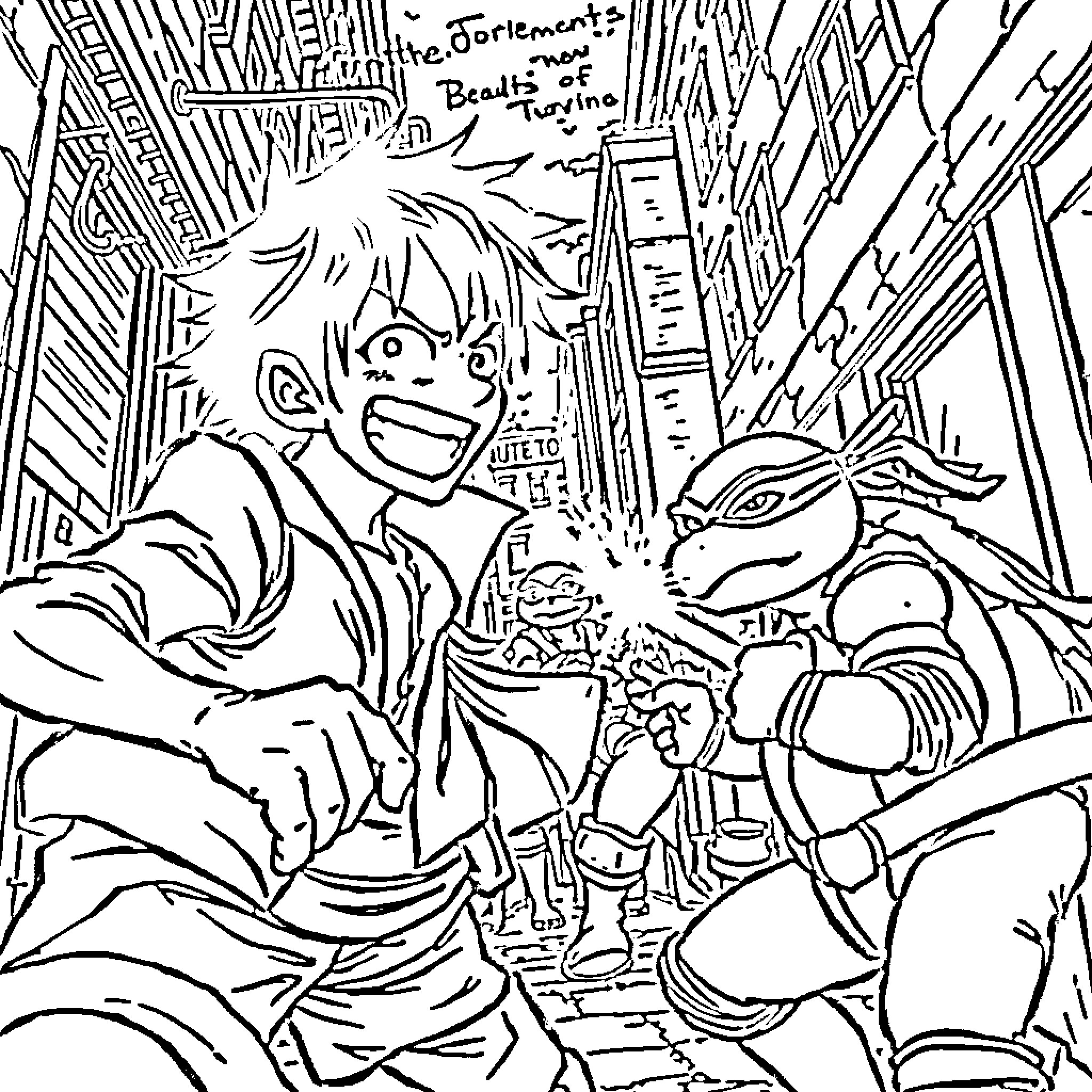 Monkey D Luffy's Lively Adventure in the City Coloring Page (free black-and-white line drawing printable PDF for all, from beginners to advanced learners, including children, teens, adults, and seniors)