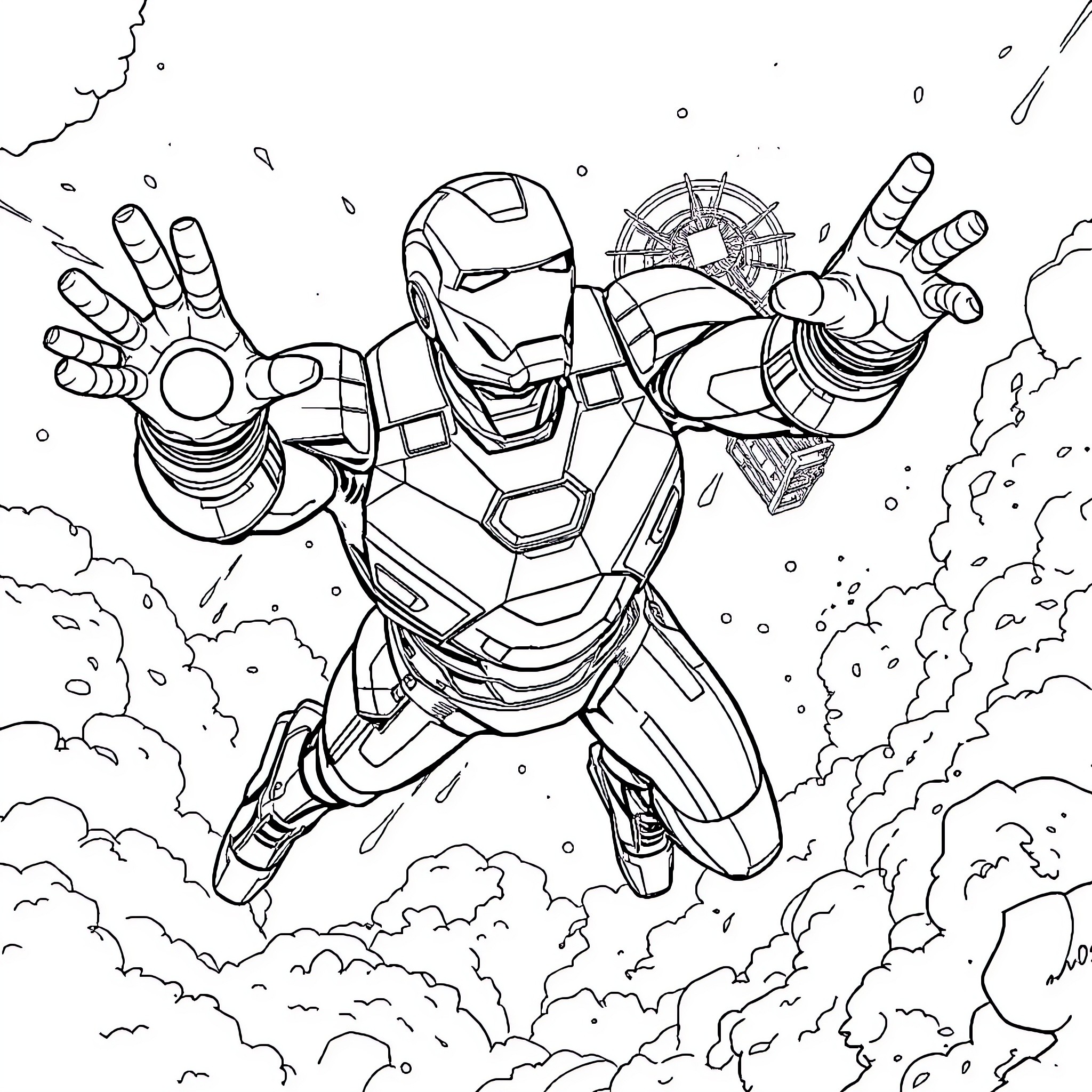 Ironman in action, soaring through the sky Coloring Page (free black-and-white line drawing printable PDF for all, from beginners to advanced learners, including children, teens, adults, and seniors)