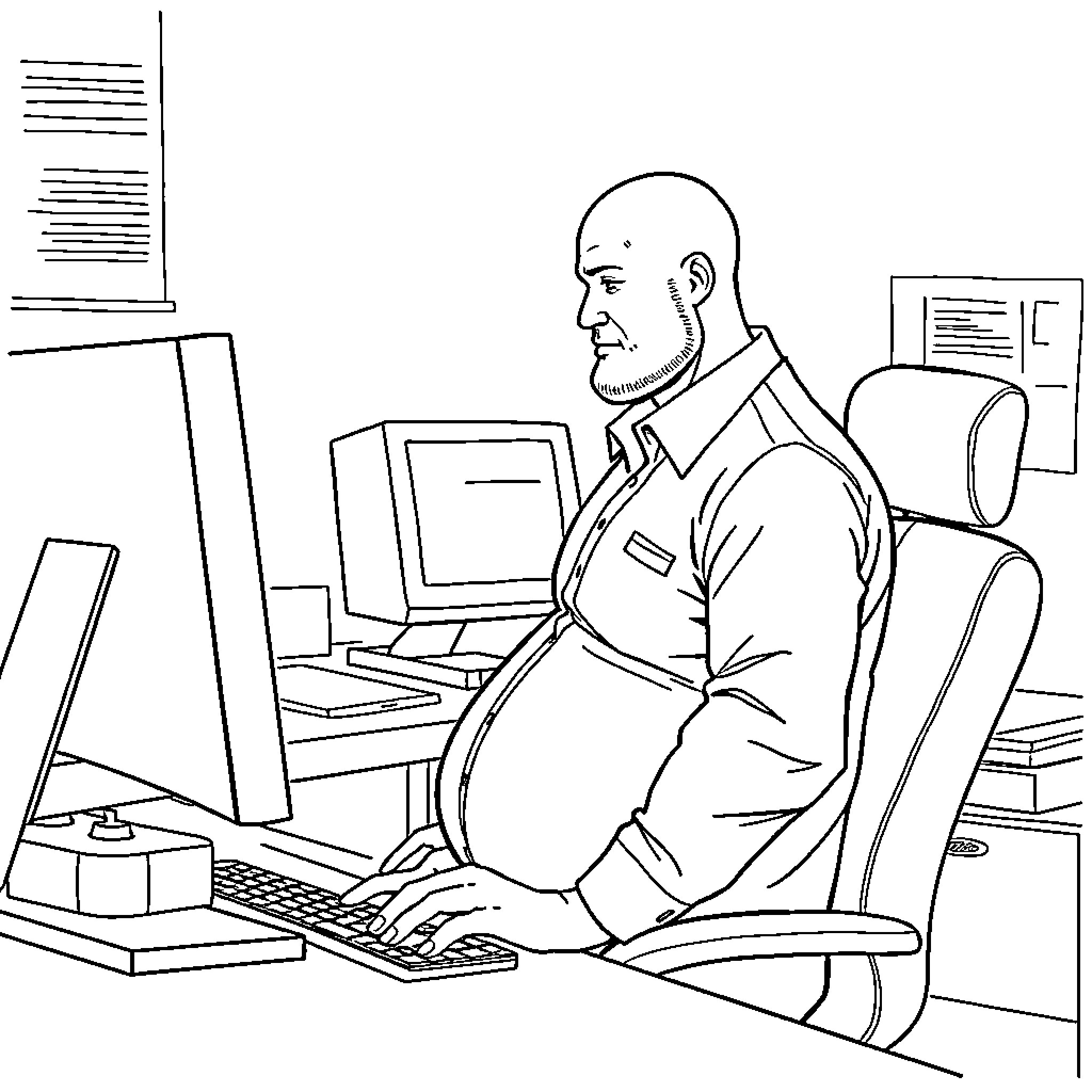 Worker focused at desk with computer Coloring Page (free black-and-white line drawing printable PDF for all, from beginners to advanced learners, including children, teens, adults, and seniors)