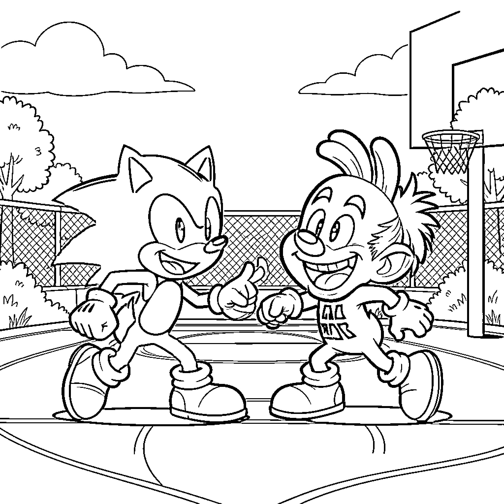 Sonic and a friend playing basketball on a court Coloring Page (free black-and-white line drawing printable PDF for all, from beginners to advanced learners, including children, teens, adults, and seniors)
