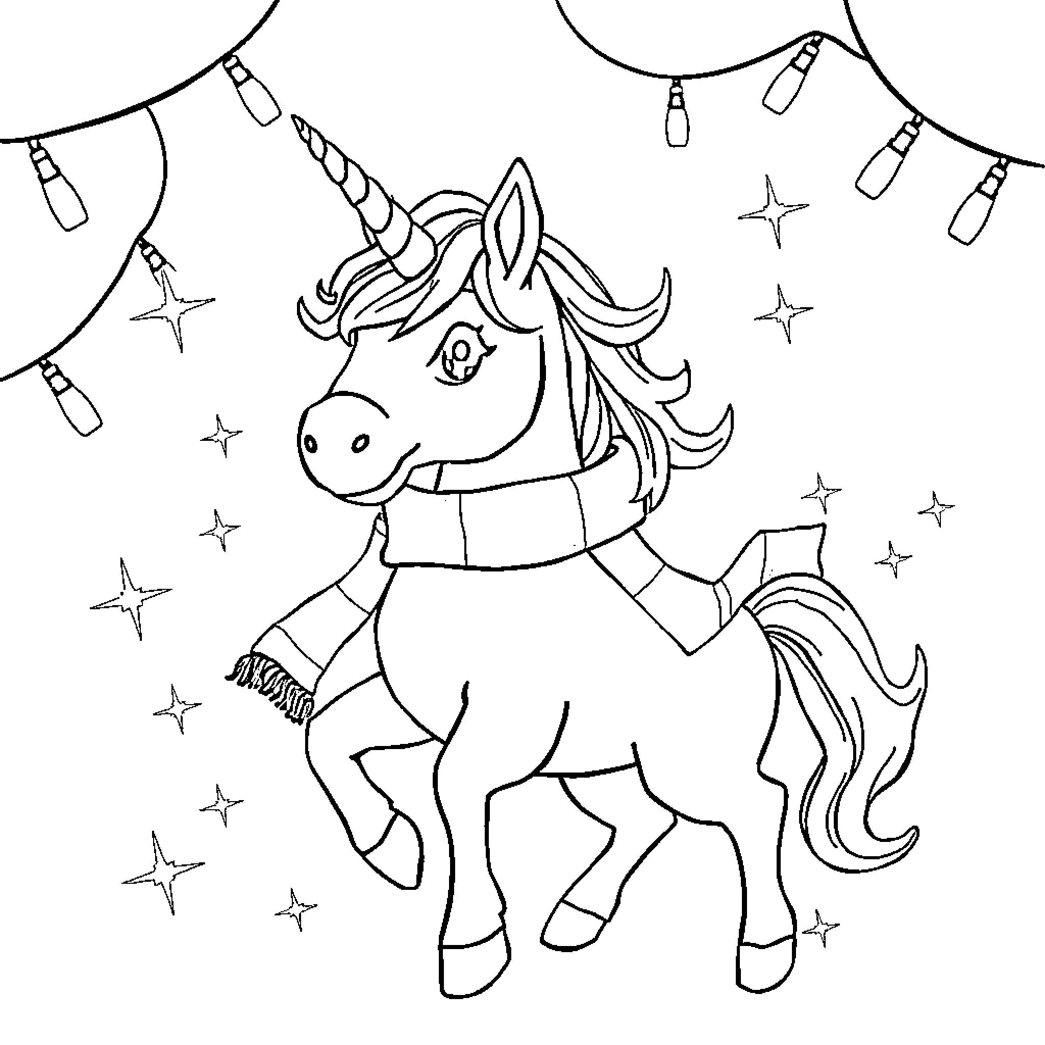 Unicorn enjoying magical night under the stars Coloring Page (free black-and-white line drawing printable PDF for all, from beginners to advanced learners, including children, teens, adults, and seniors)