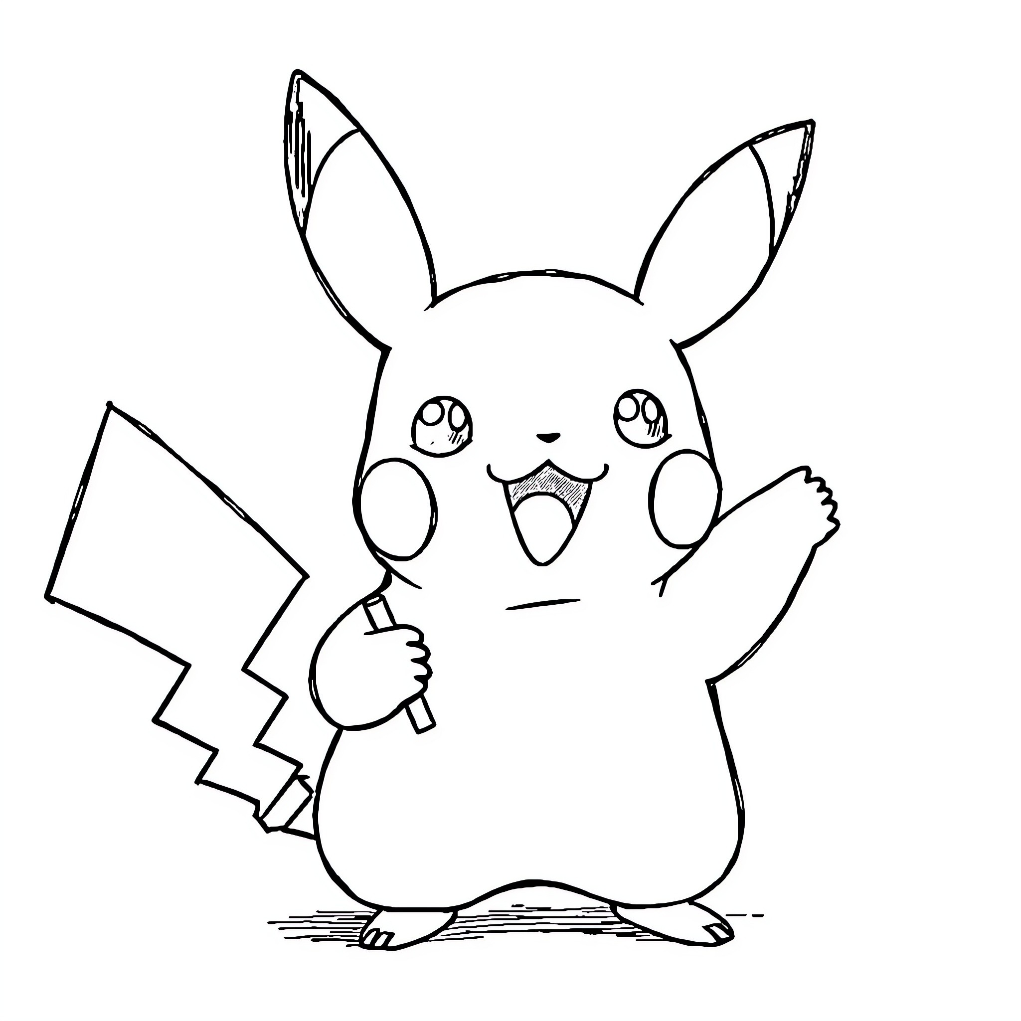 Pikachu in a playful pose Coloring Page (free black-and-white line drawing printable PDF for all, from beginners to advanced learners, including children, teens, adults, and seniors)