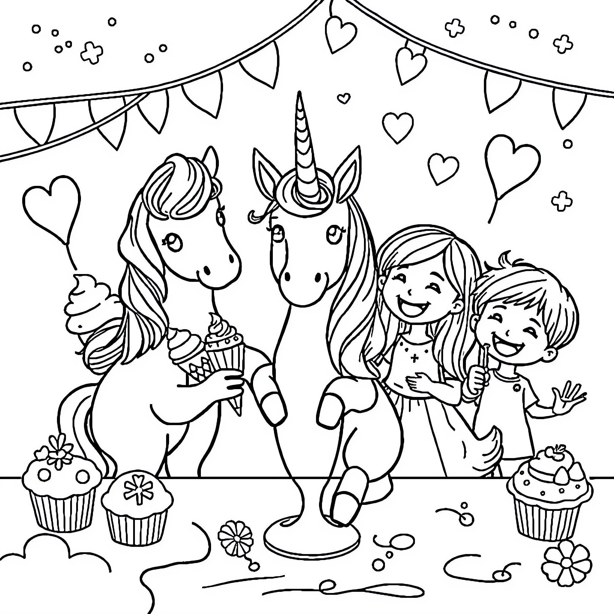 Unicorn Party with Children and Sweets Coloring Page (free black-and-white line drawing printable PDF for all, from beginners to advanced learners, including children, teens, adults, and seniors)