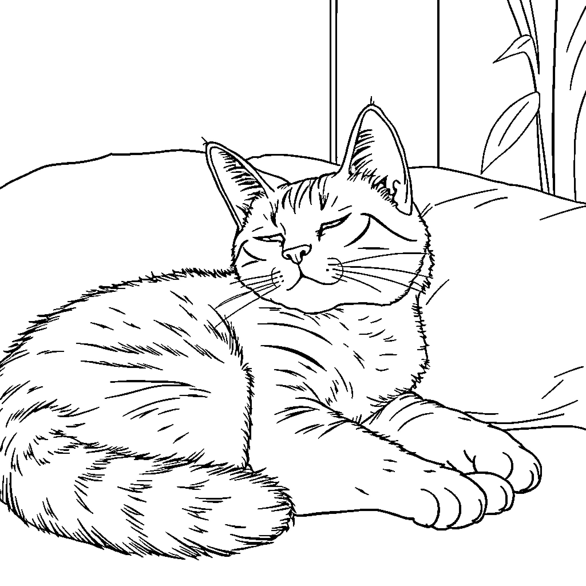 Cat resting peacefully in nature Coloring Page (free black-and-white line drawing printable PDF for all, from beginners to advanced learners, including children, teens, adults, and seniors)
