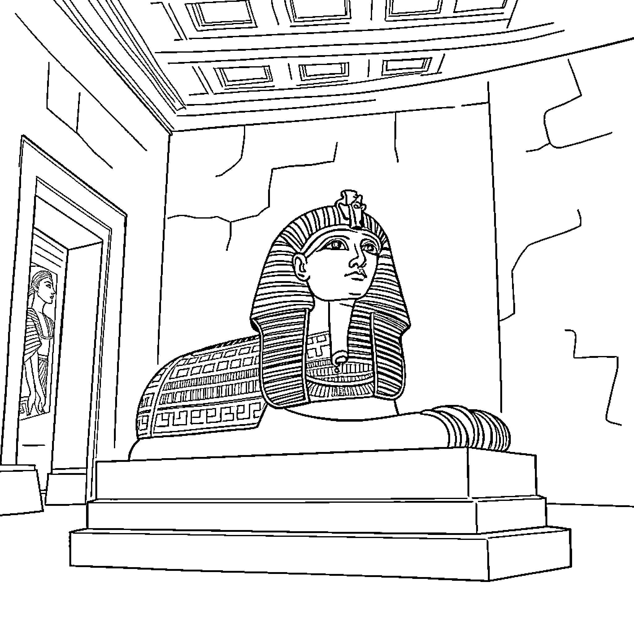 Sarcophagus of Egyptian Pharaoh in Palace Chamber Coloring Page (free black-and-white line drawing printable PDF for all, from beginners to advanced learners, including children, teens, adults, and seniors)