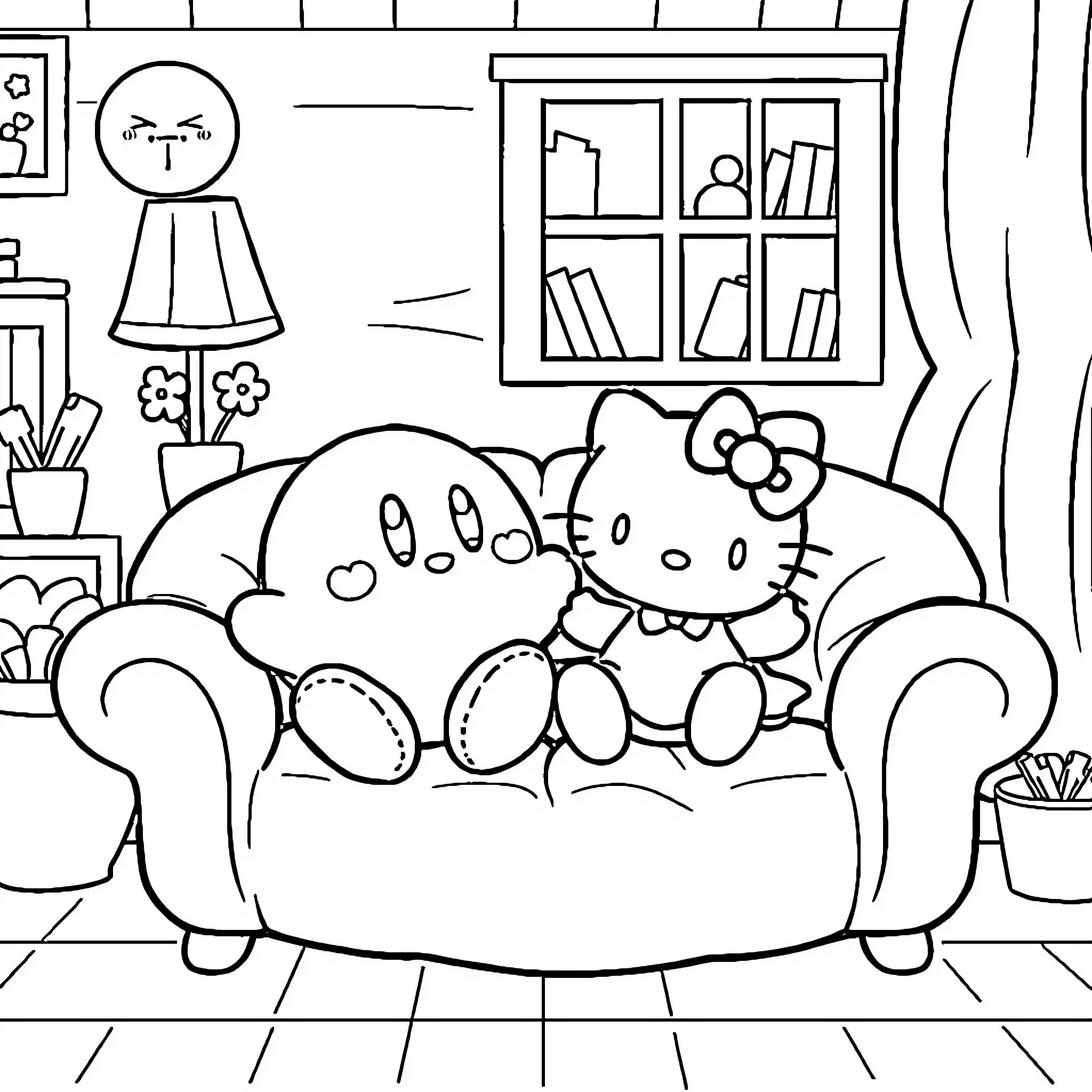 Kirby and Hello Kitty relaxing on the couch Coloring Page (free black-and-white line drawing printable PDF for all, from beginners to advanced learners, including children, teens, adults, and seniors)