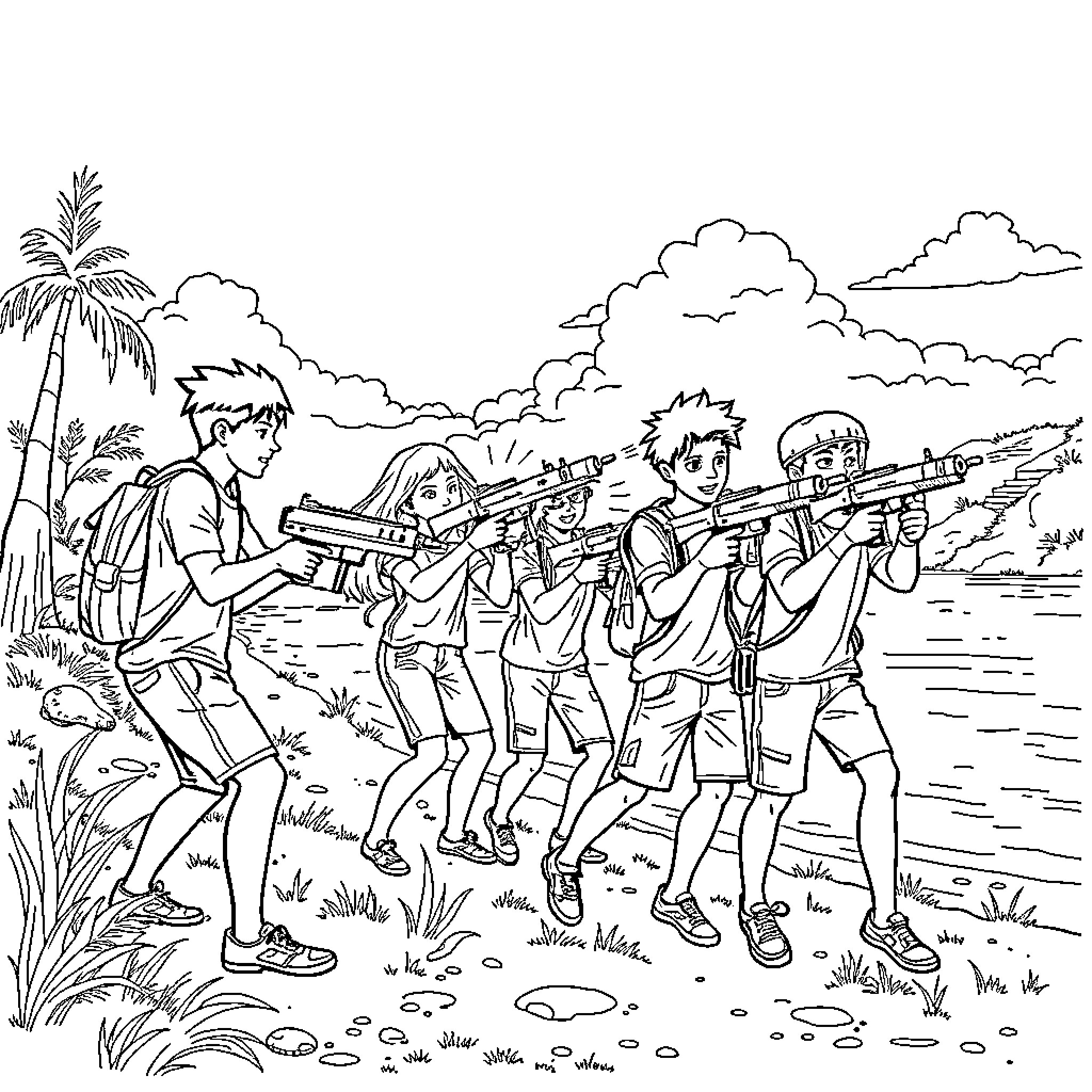 Gun-toting Kids Engage in Outdoor Adventure Coloring Page (free black-and-white line drawing printable PDF for all, from beginners to advanced learners, including children, teens, adults, and seniors)