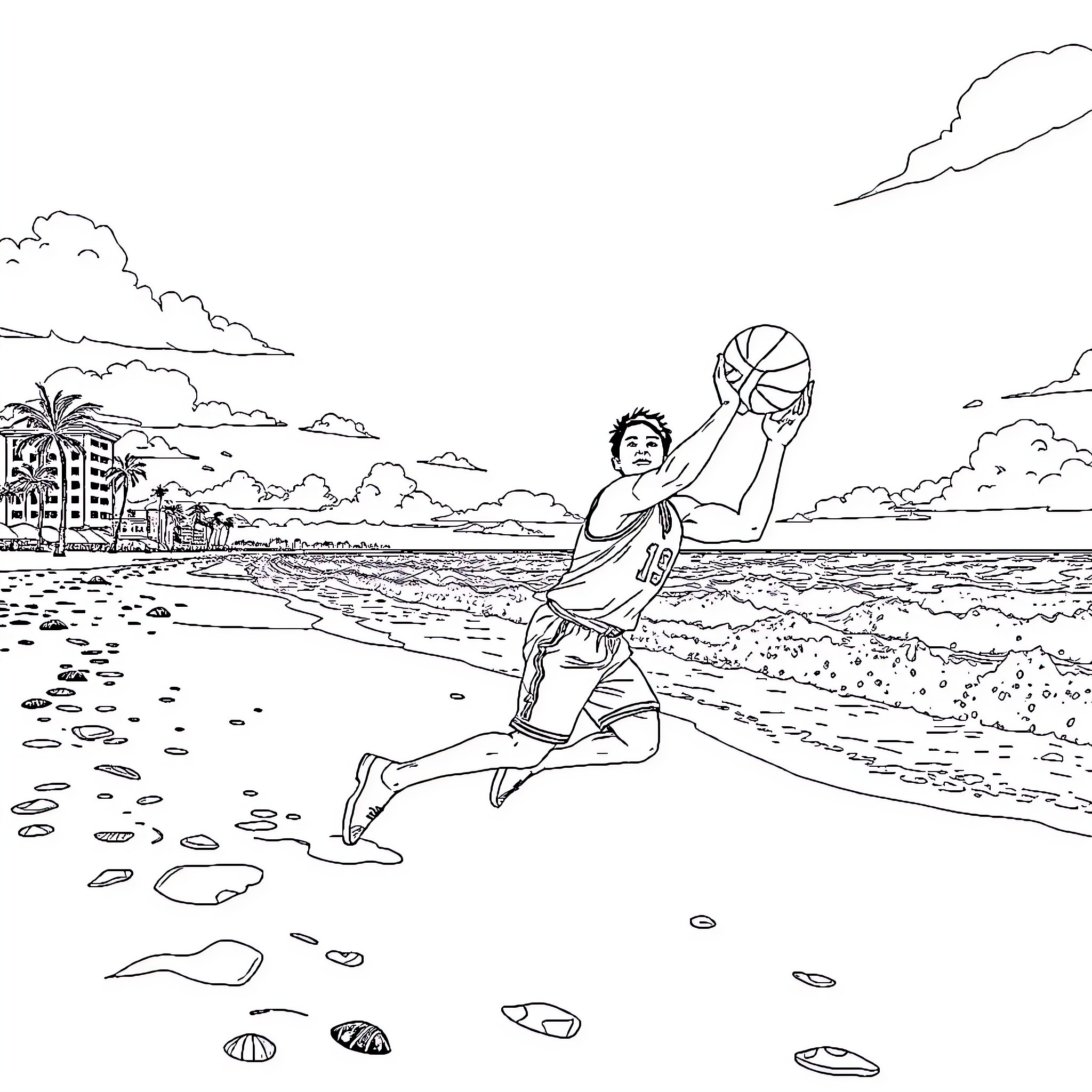 Bing Basketball player jumping on the beach Coloring Page (free black-and-white line drawing printable PDF for all, from beginners to advanced learners, including children, teens, adults, and seniors)