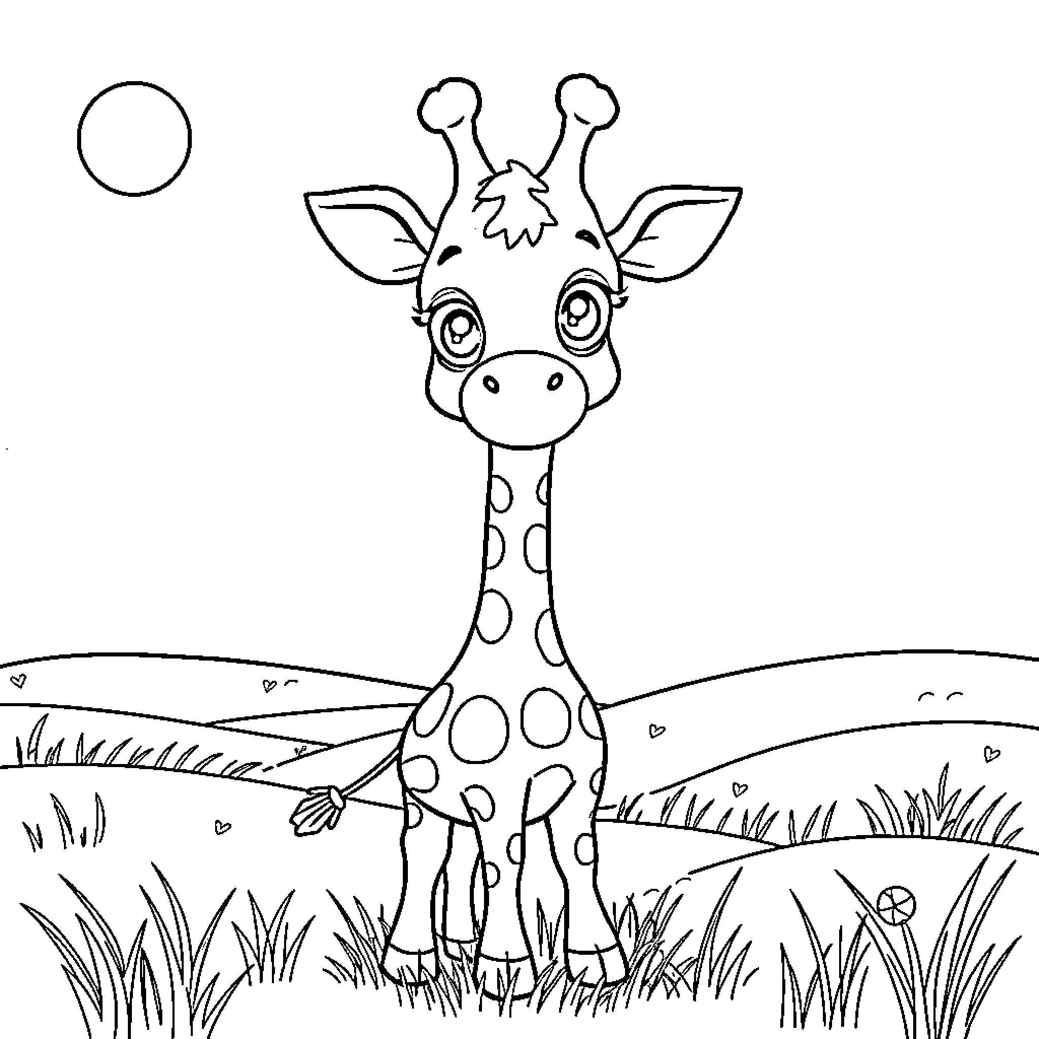 Giraffe standing in a grassy field Coloring Page (free black-and-white line drawing printable PDF for all, from beginners to advanced learners, including children, teens, adults, and seniors)