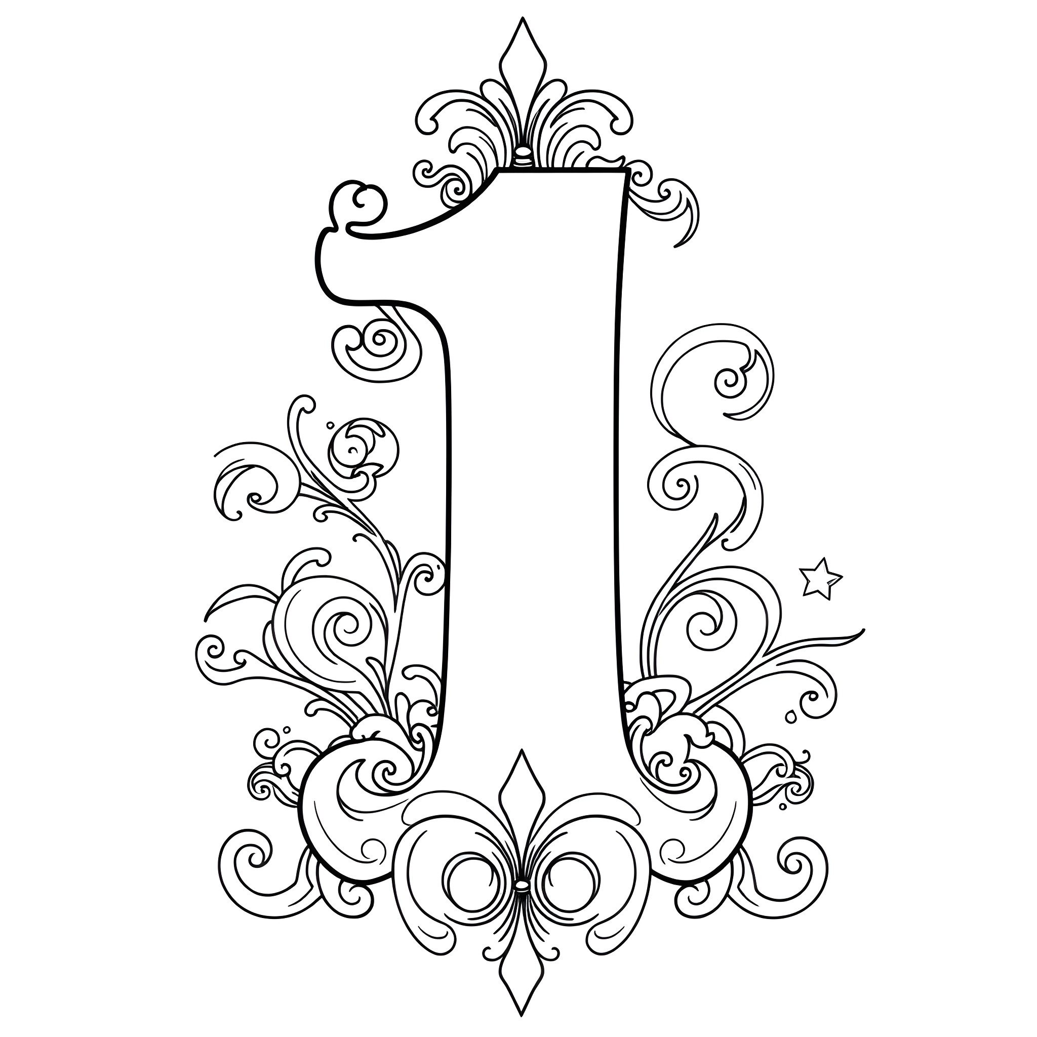 Number 1 Decorated with Ornate Flourishes Coloring Page (free black-and-white line drawing printable PDF for all, from beginners to advanced learners, including children, teens, adults, and seniors)