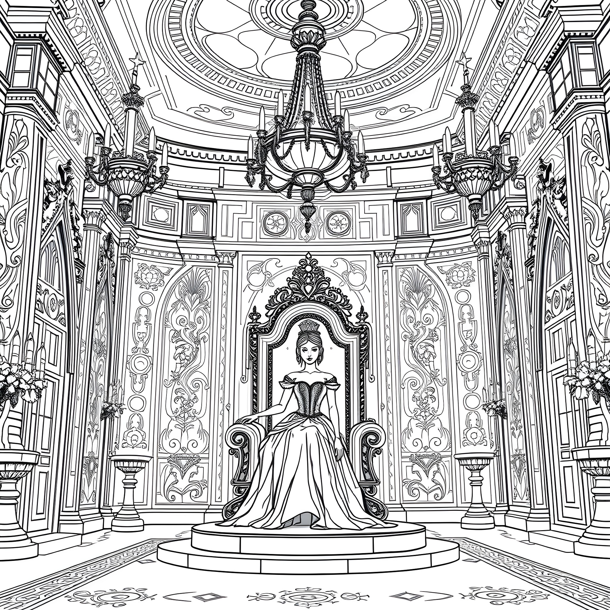 Princess in Ornate Royal Palace Coloring Page (free black-and-white line drawing printable PDF for all, from beginners to advanced learners, including children, teens, adults, and seniors)