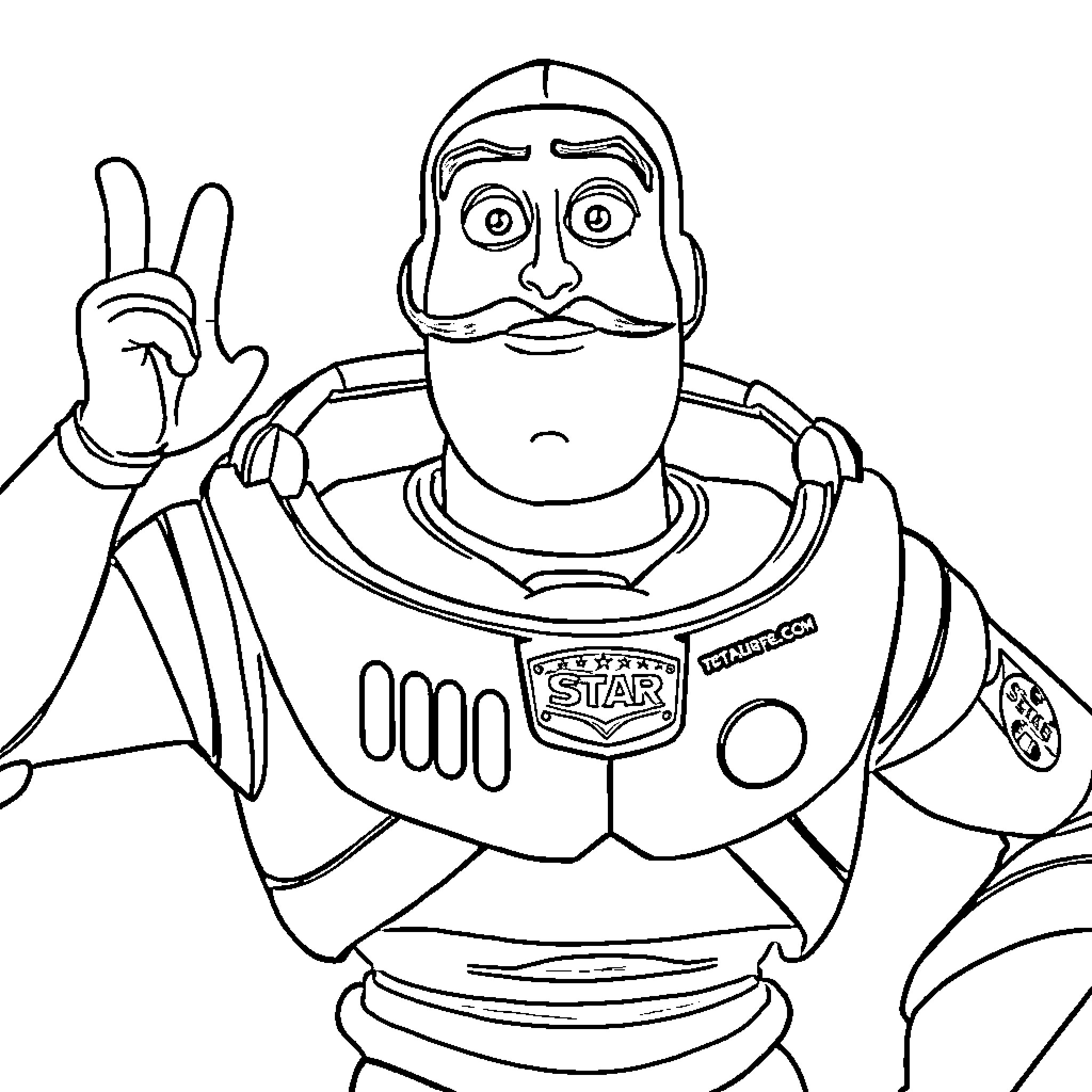 Buzz Lightyear making a peace sign Coloring Page (free black-and-white line drawing printable PDF for all, from beginners to advanced learners, including children, teens, adults, and seniors)