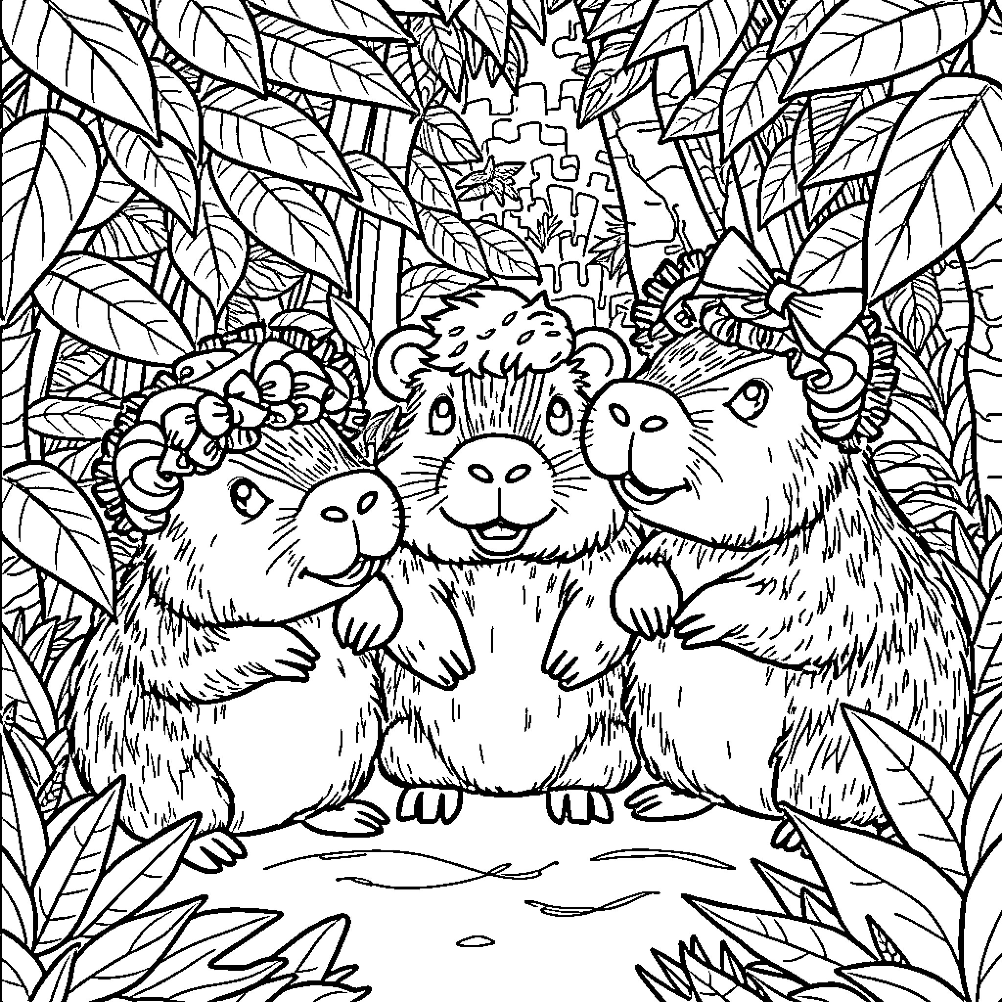 Capybara Family Enjoying Tropical Foliage Coloring Page (free black-and-white line drawing printable PDF for all, from beginners to advanced learners, including children, teens, adults, and seniors)