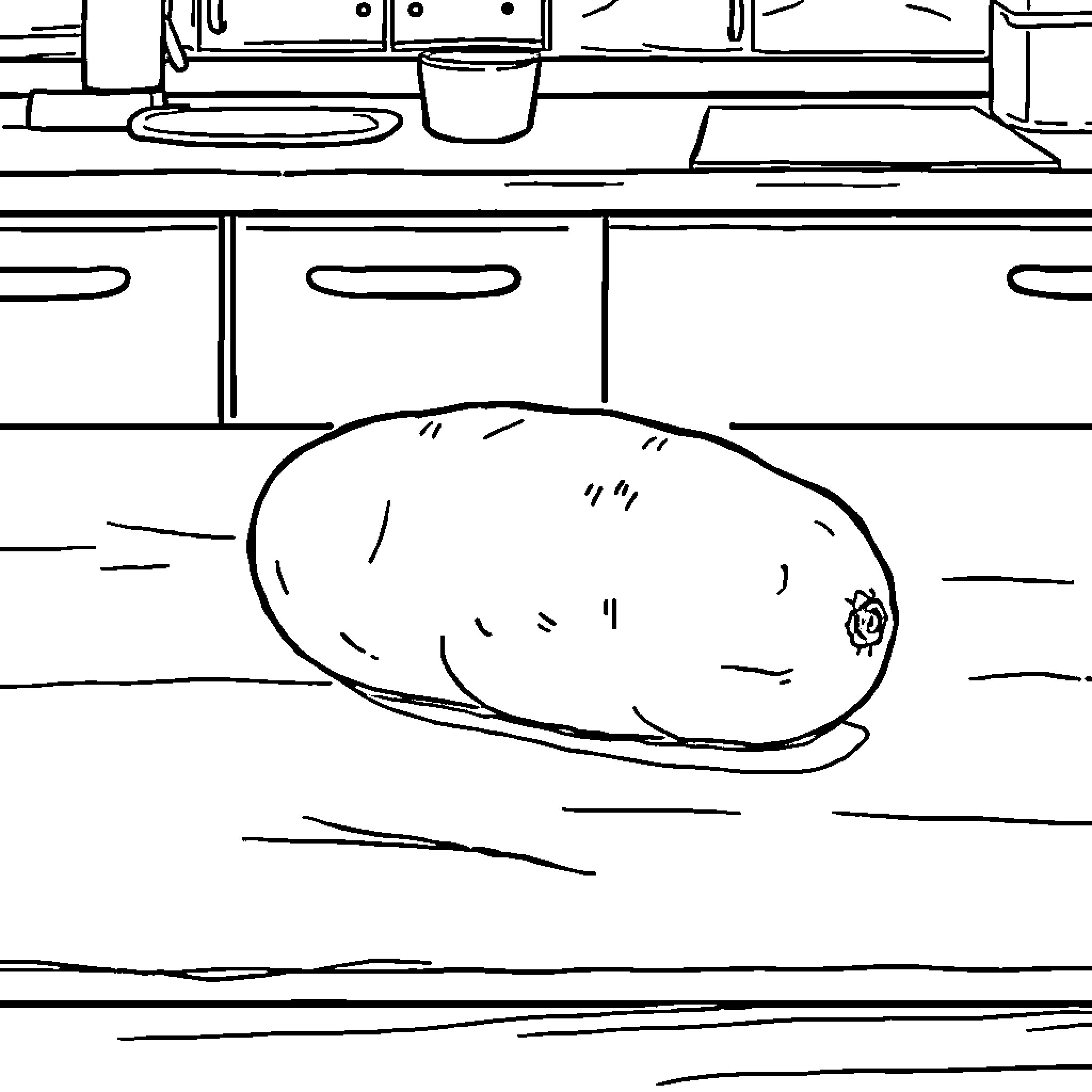 Potato resting on kitchen counter Coloring Page (free black-and-white line drawing printable PDF for all, from beginners to advanced learners, including children, teens, adults, and seniors)