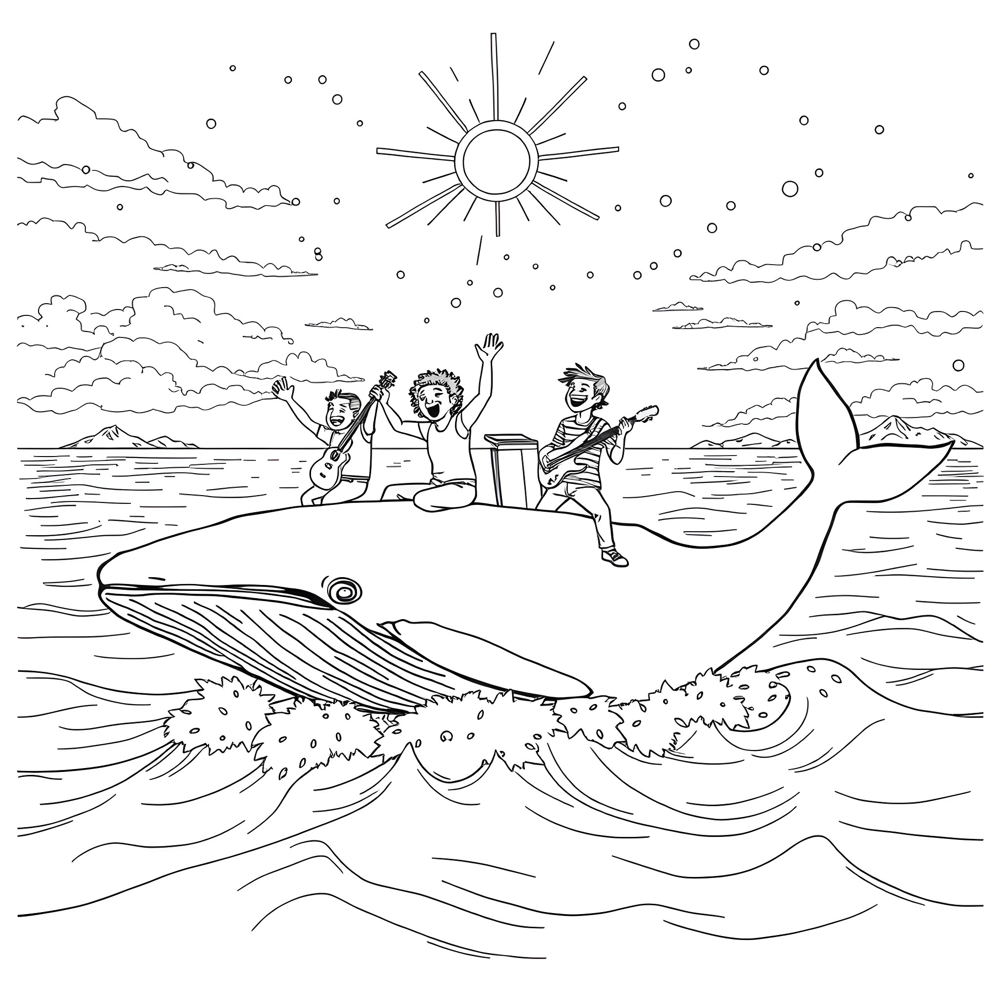 Band of friends on a whale's back playing music Coloring Page (free black-and-white line drawing printable PDF for all, from beginners to advanced learners, including children, teens, adults, and seniors)