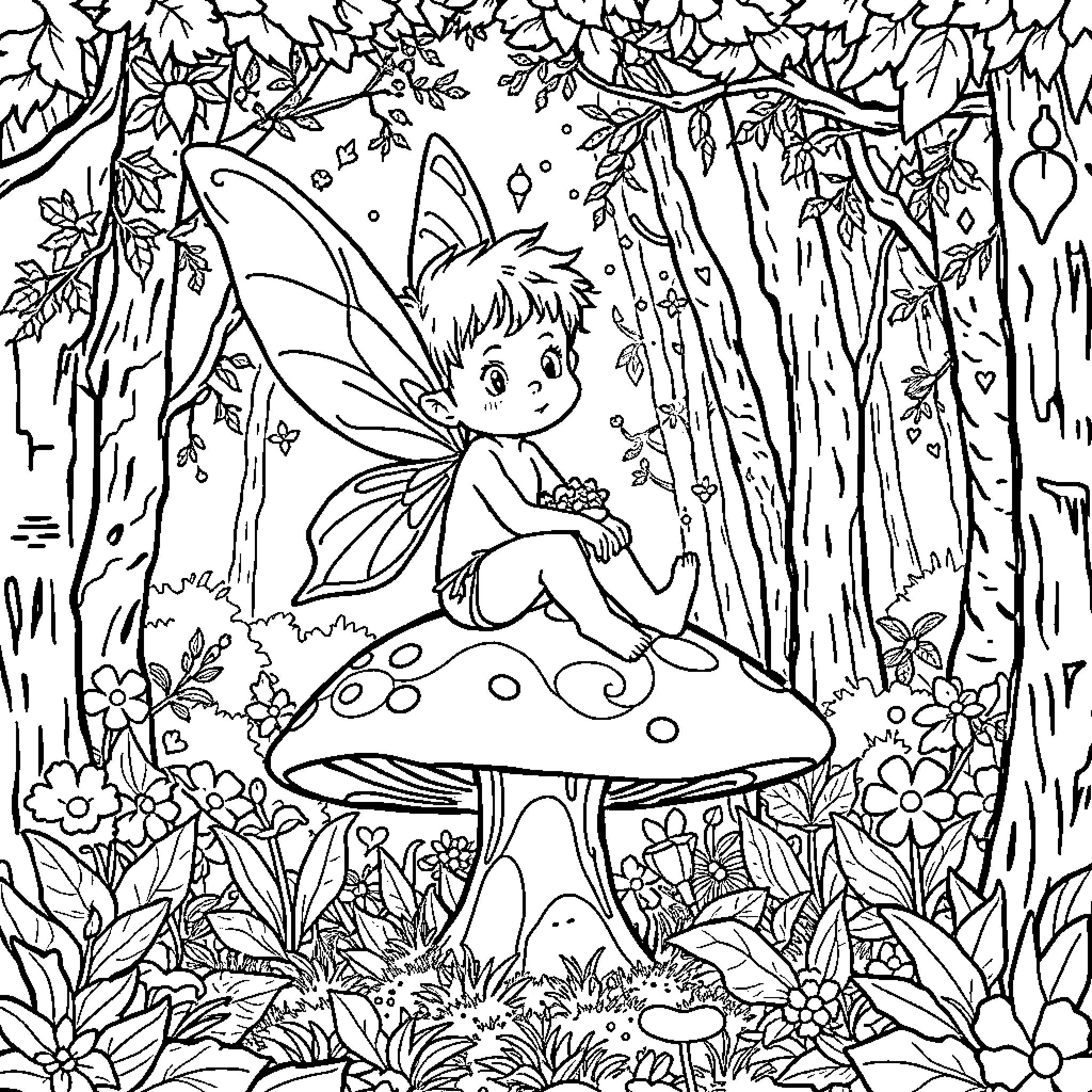 Boy Fairy exploring enchanted forest Coloring Page (free black-and-white line drawing printable PDF for all, from beginners to advanced learners, including children, teens, adults, and seniors)