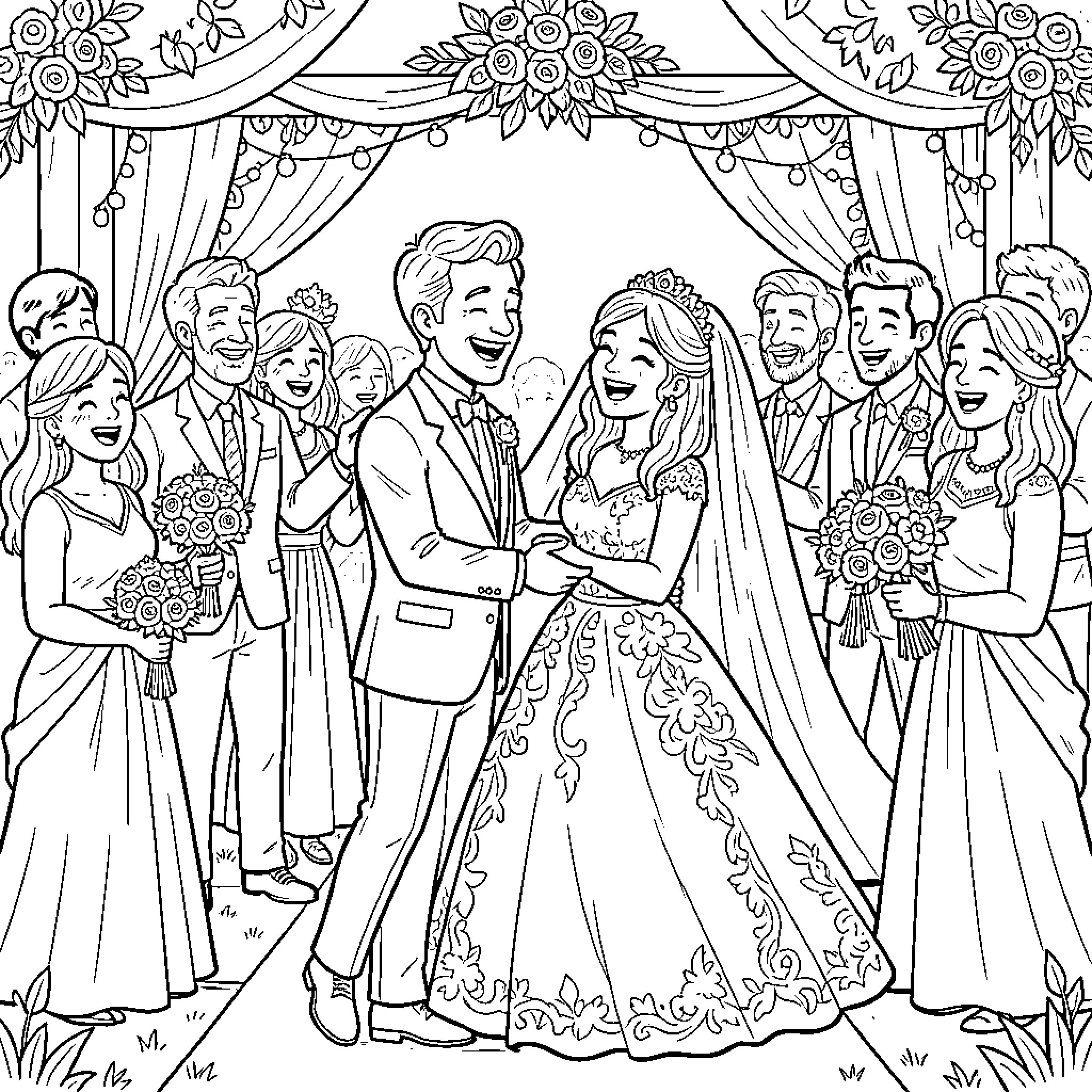 Marriage ceremony with a happy bride and groom Coloring Page (free black-and-white line drawing printable PDF for all, from beginners to advanced learners, including children, teens, adults, and seniors)