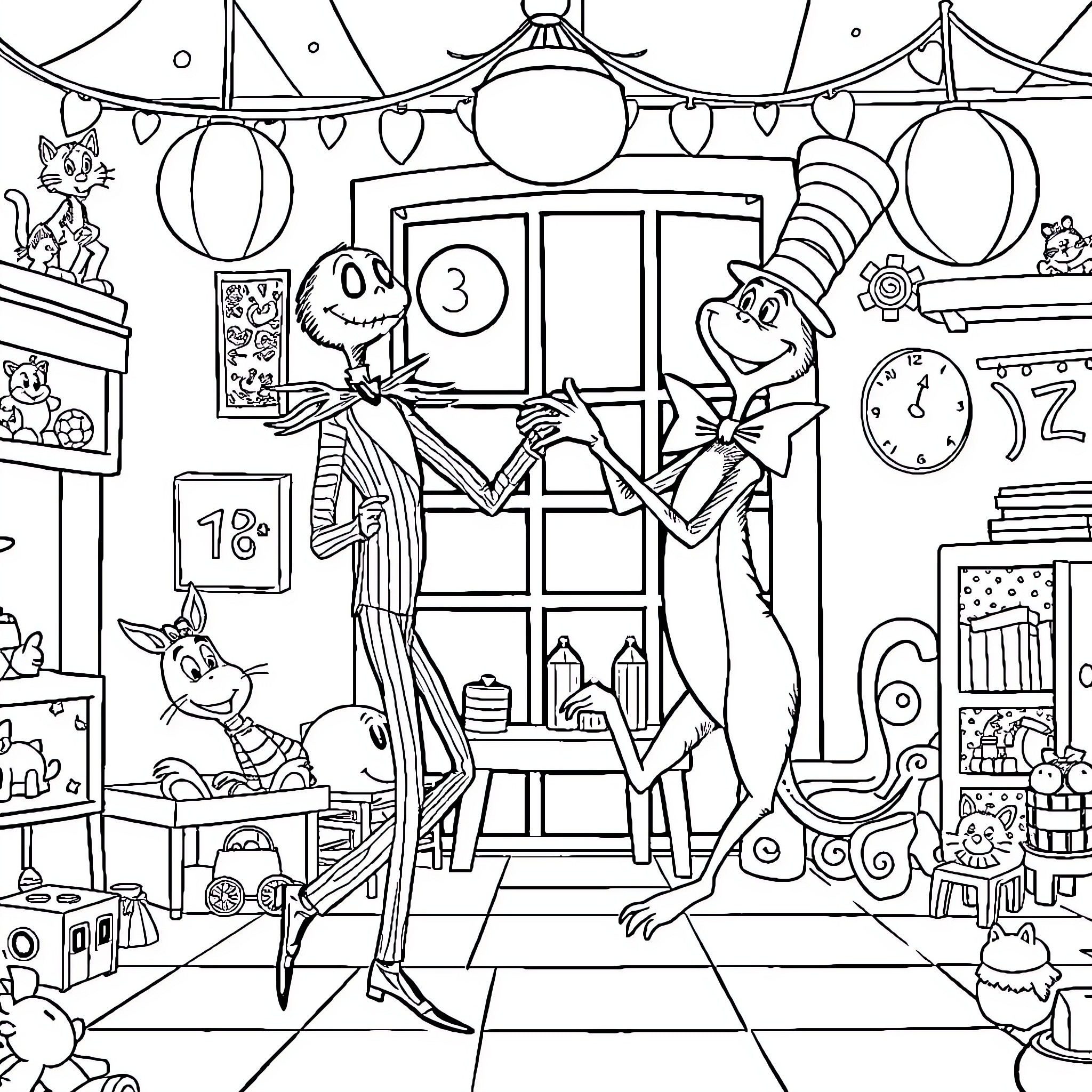 Jack Skeleton hosting a Halloween party with friends Coloring Page (free black-and-white line drawing printable PDF for all, from beginners to advanced learners, including children, teens, adults, and seniors)