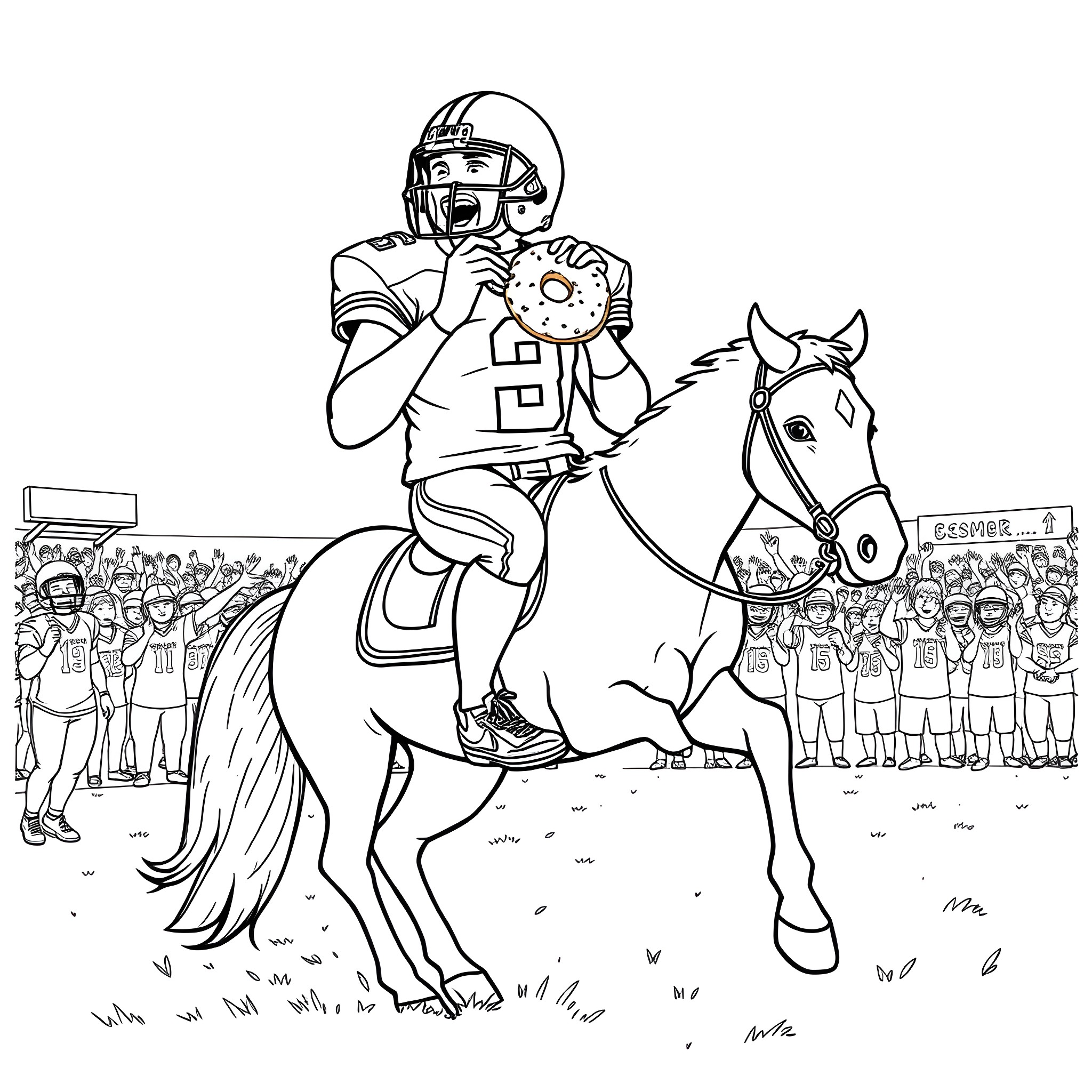 Football Player on Horseback in Stadium Coloring Page (free black-and-white line drawing printable PDF for all, from beginners to advanced learners, including children, teens, adults, and seniors)