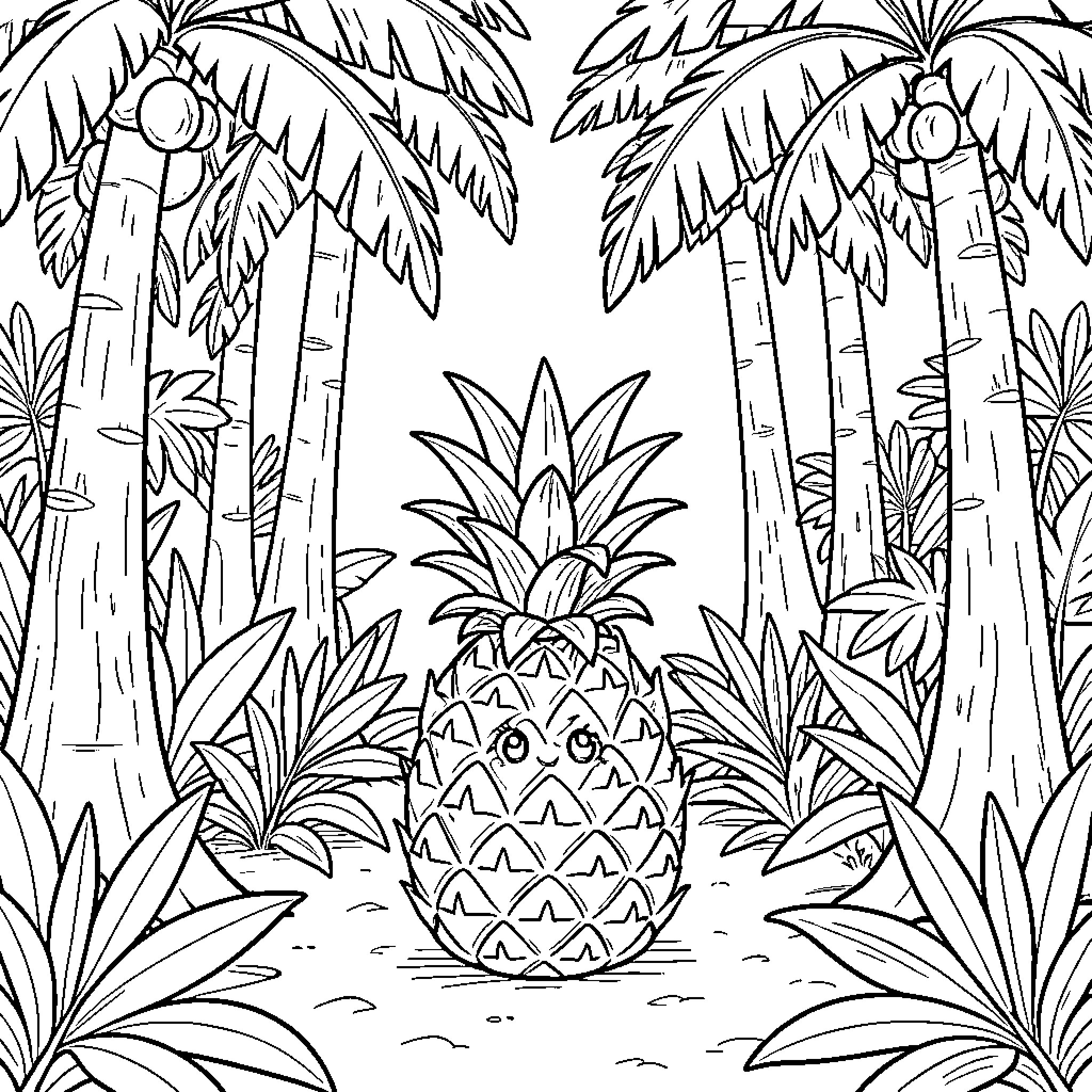Pineapple smiling happily in a tropical palm forest Coloring Page (free black-and-white line drawing printable PDF for all, from beginners to advanced learners, including children, teens, adults, and seniors)