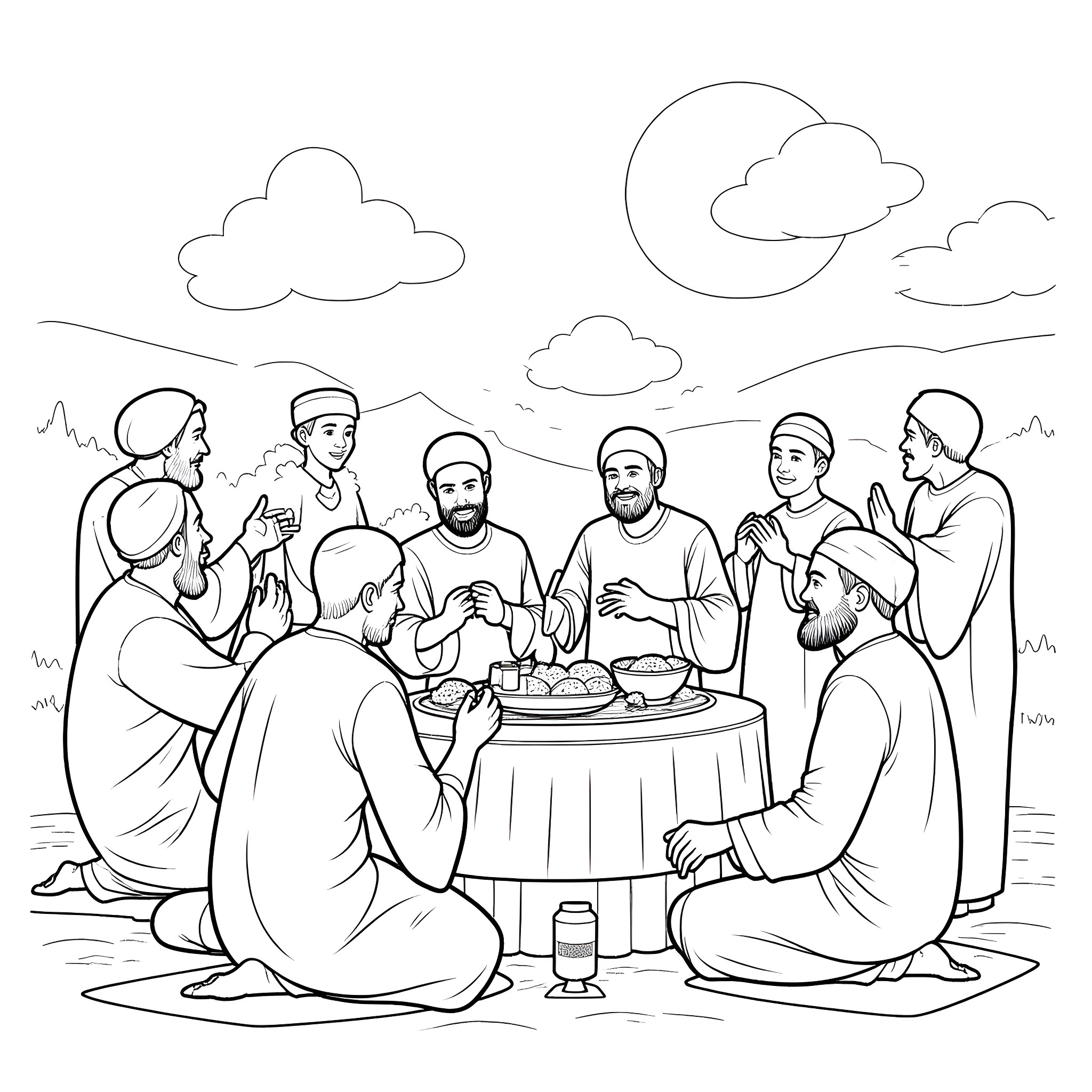 Tun Tun sharing a meal with friends in an outdoor setting Coloring Page (free black-and-white line drawing printable PDF for all, from beginners to advanced learners, including children, teens, adults, and seniors)