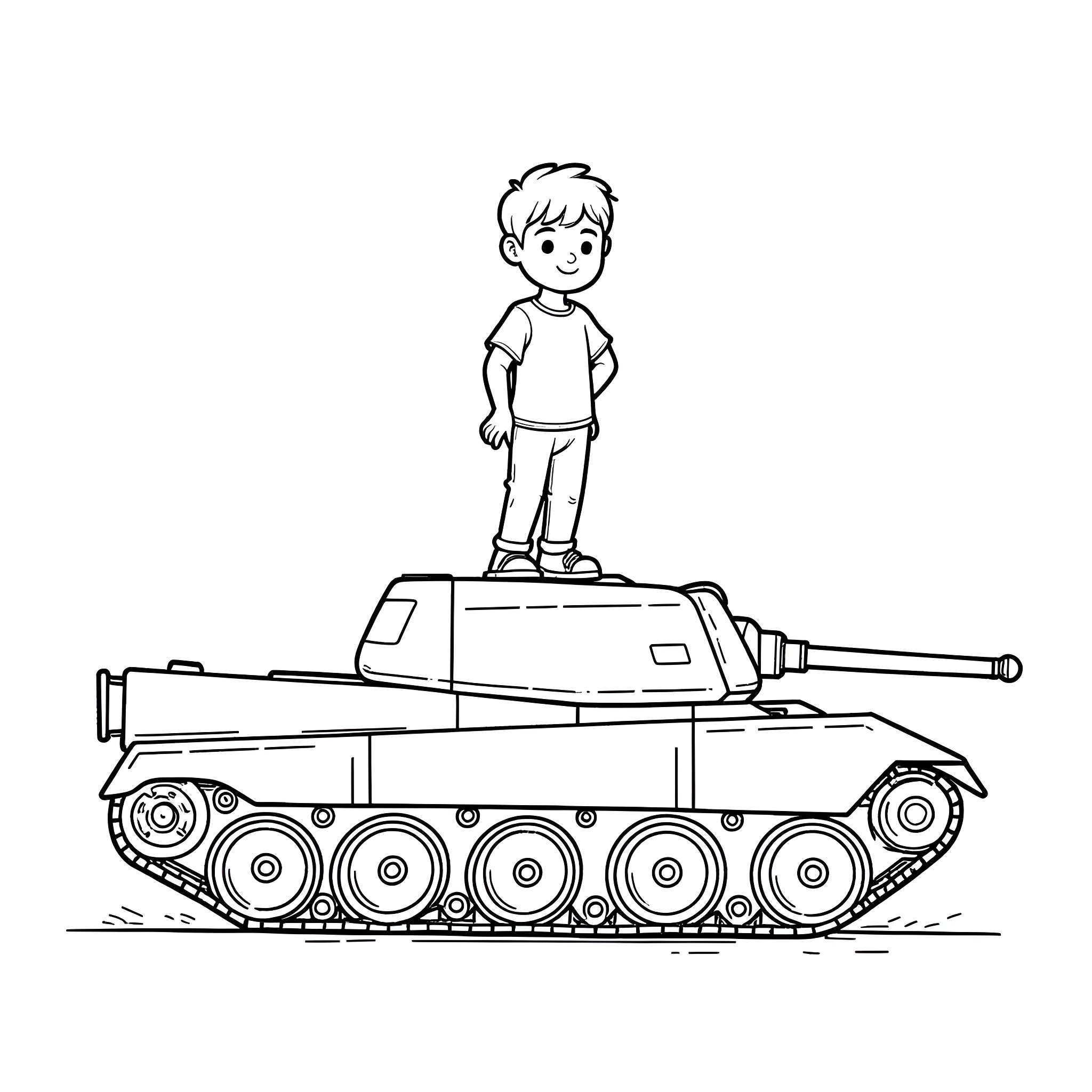 Boy standing proudly on top of a tank Coloring Page (free black-and-white line drawing printable PDF for all, from beginners to advanced learners, including children, teens, adults, and seniors)