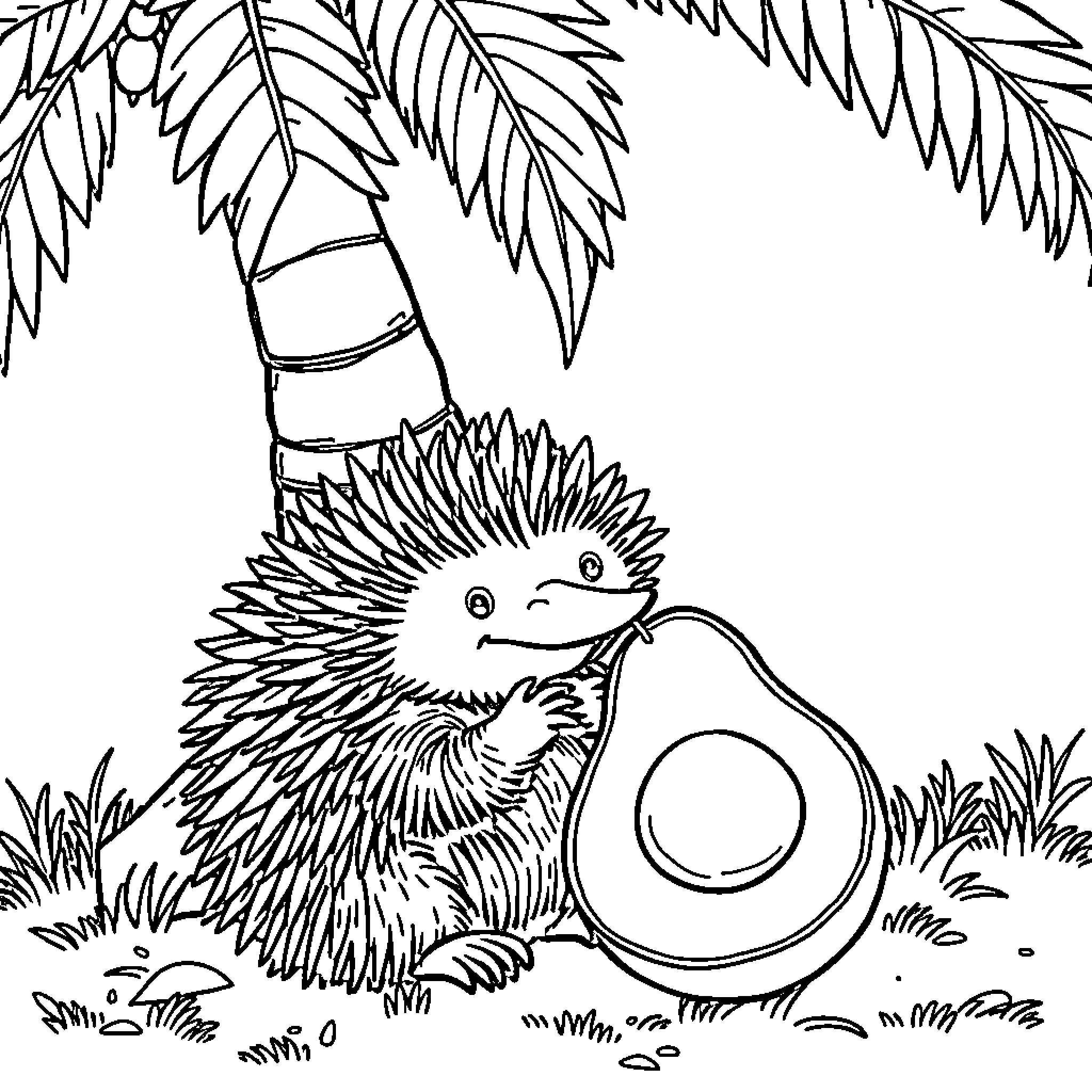 Echidna exploring the jungle landscape Coloring Page (free black-and-white line drawing printable PDF for all, from beginners to advanced learners, including children, teens, adults, and seniors)