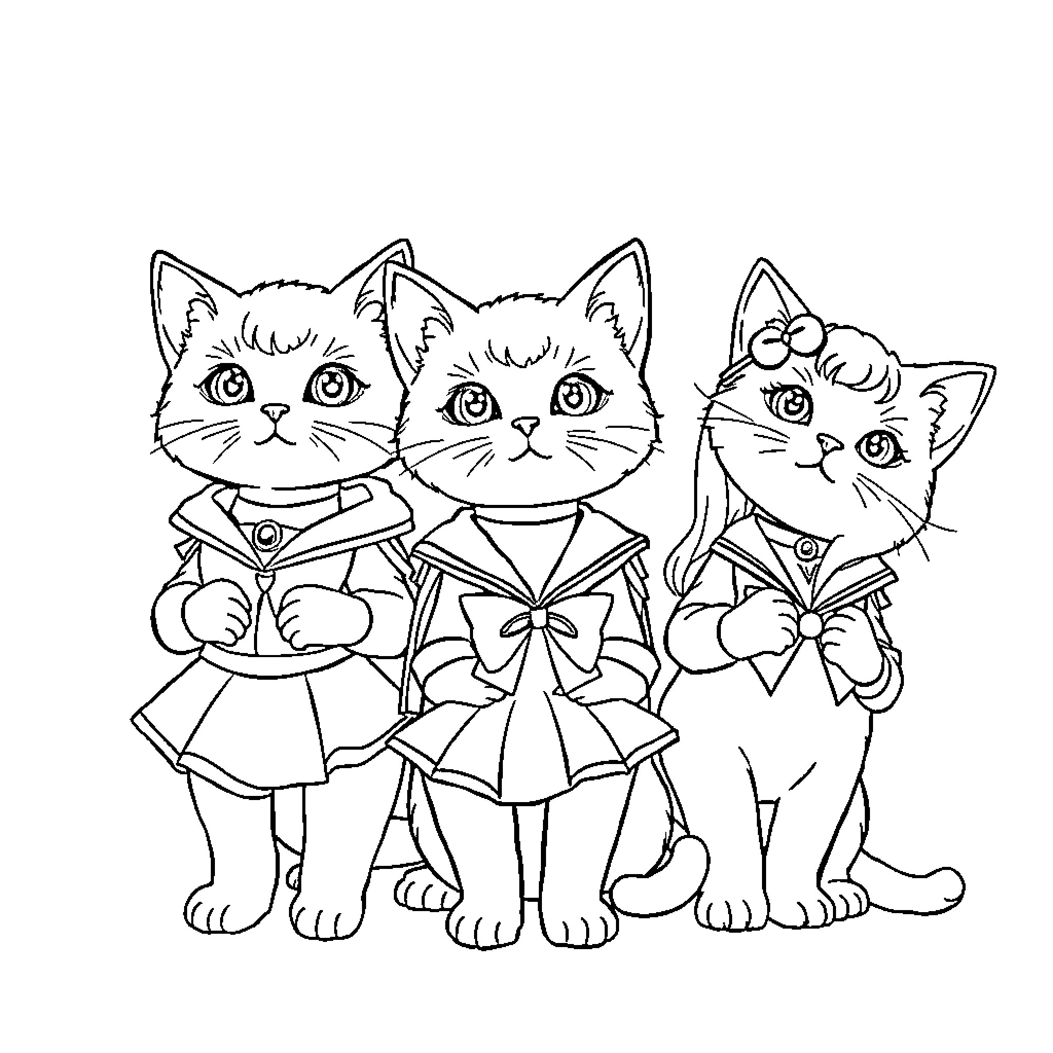 Cats in Sailor Outfits Coloring Page (free black-and-white line drawing printable PDF for all, from beginners to advanced learners, including children, teens, adults, and seniors)