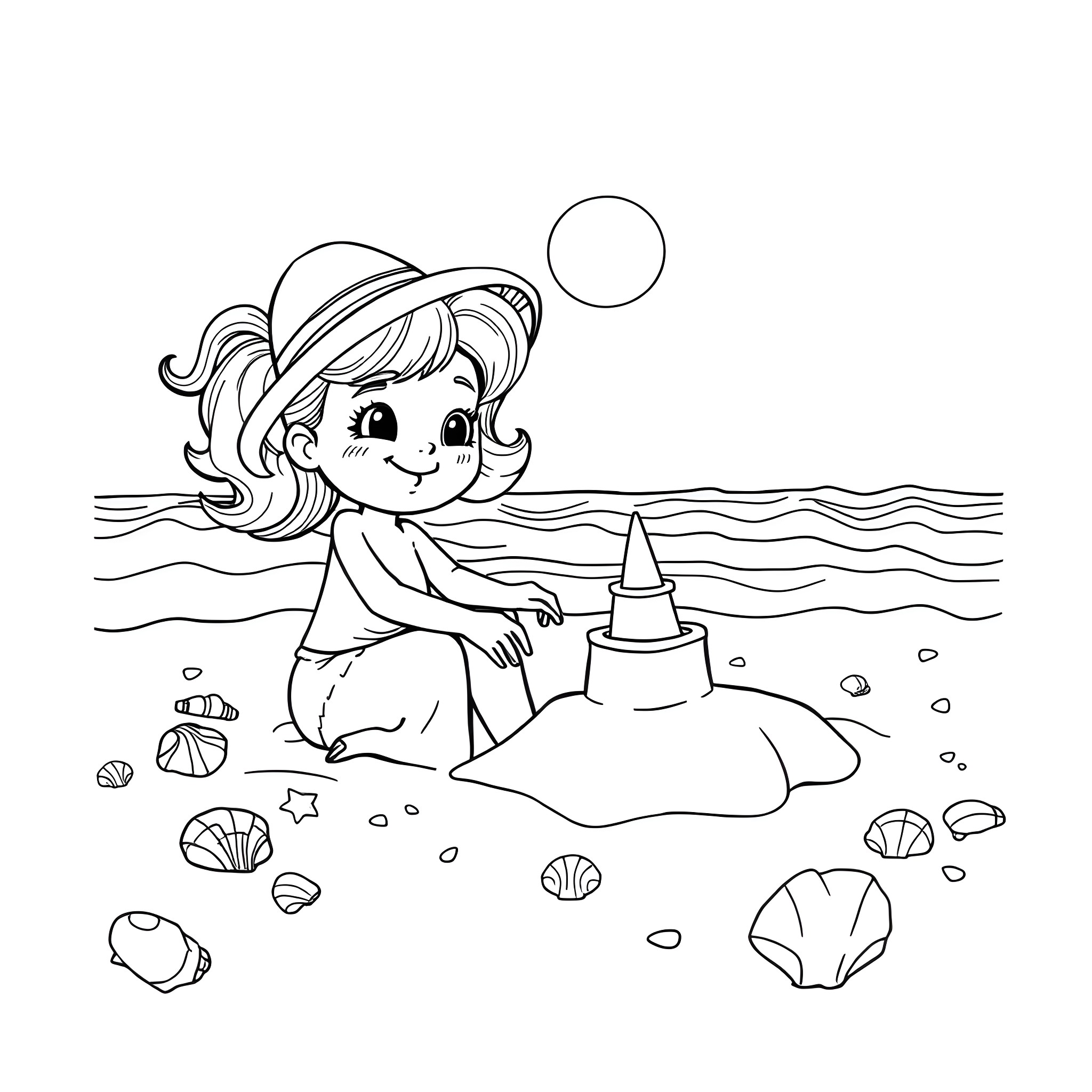 Bluey playing with sand castle on the beach Coloring Page (free black-and-white line drawing printable PDF for all, from beginners to advanced learners, including children, teens, adults, and seniors)