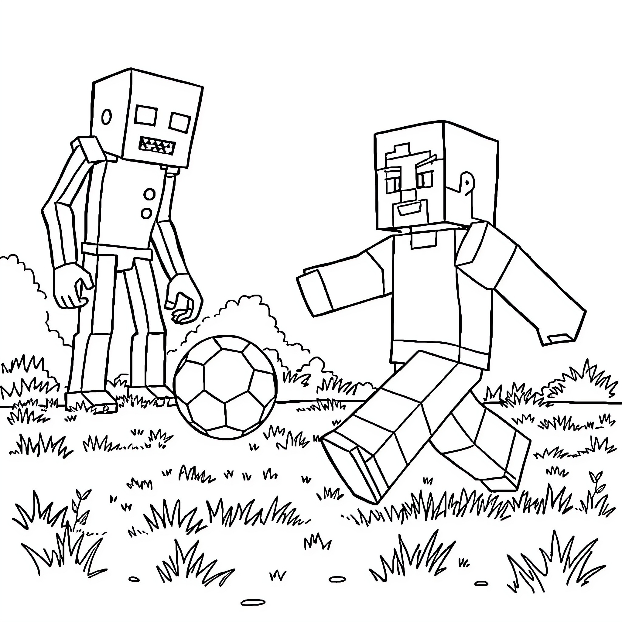 Minecraft Steve playing football with robot friend Coloring Page (free black-and-white line drawing printable PDF for all, from beginners to advanced learners, including children, teens, adults, and seniors)
