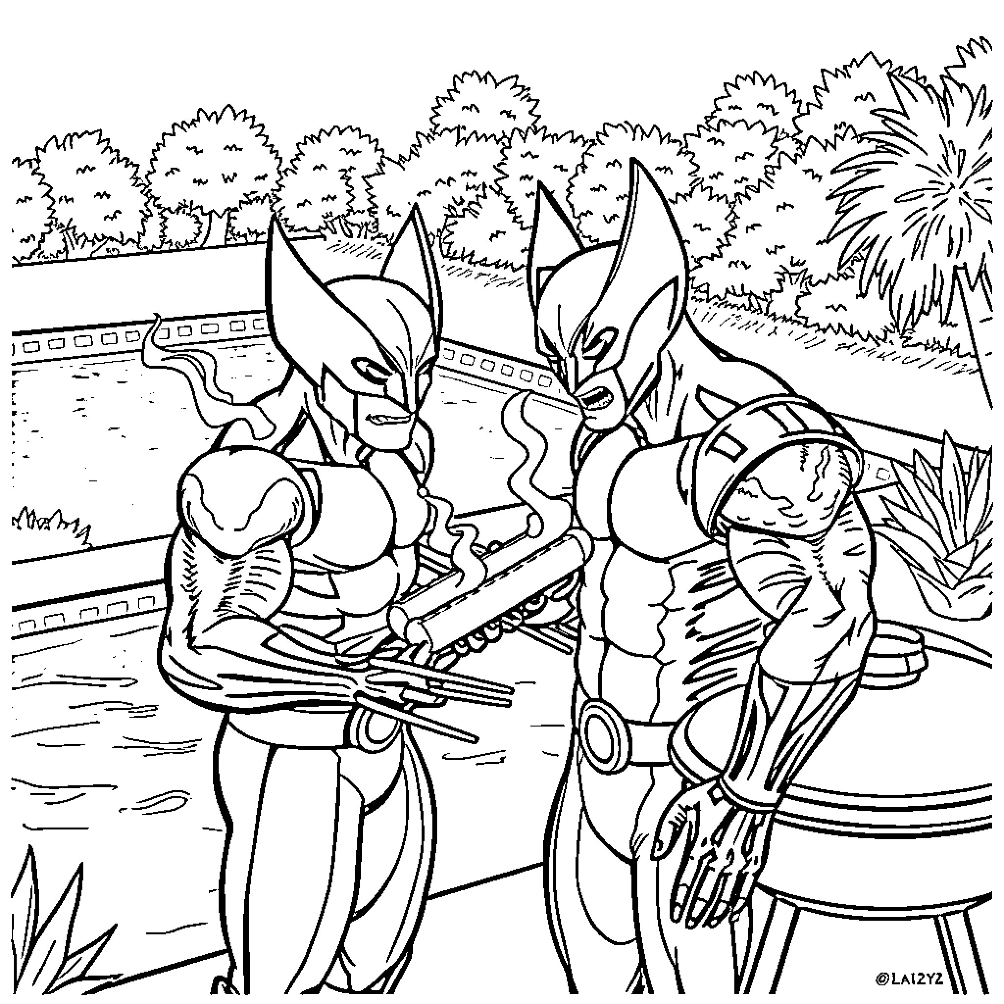 Wolverine and team in fierce combat Coloring Page (free black-and-white line drawing printable PDF for all, from beginners to advanced learners, including children, teens, adults, and seniors)
